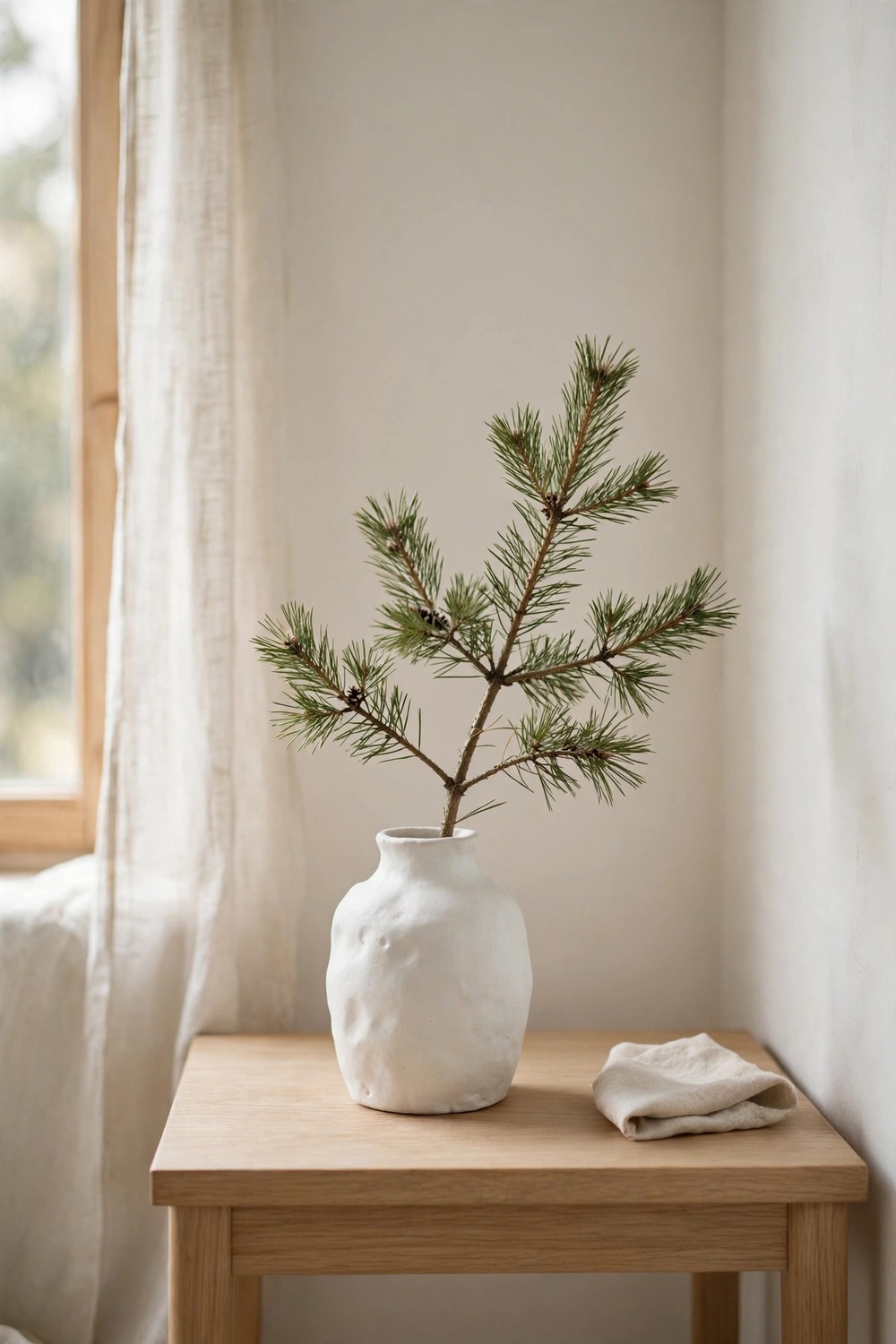 Minimalist Christmas decor: single pine branch in a handmade white ceramic vase on a wooden side table