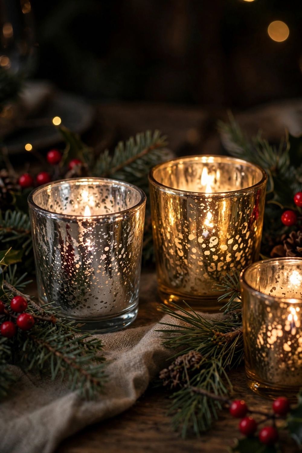 Mercury glass votive candle holders on Christmas table