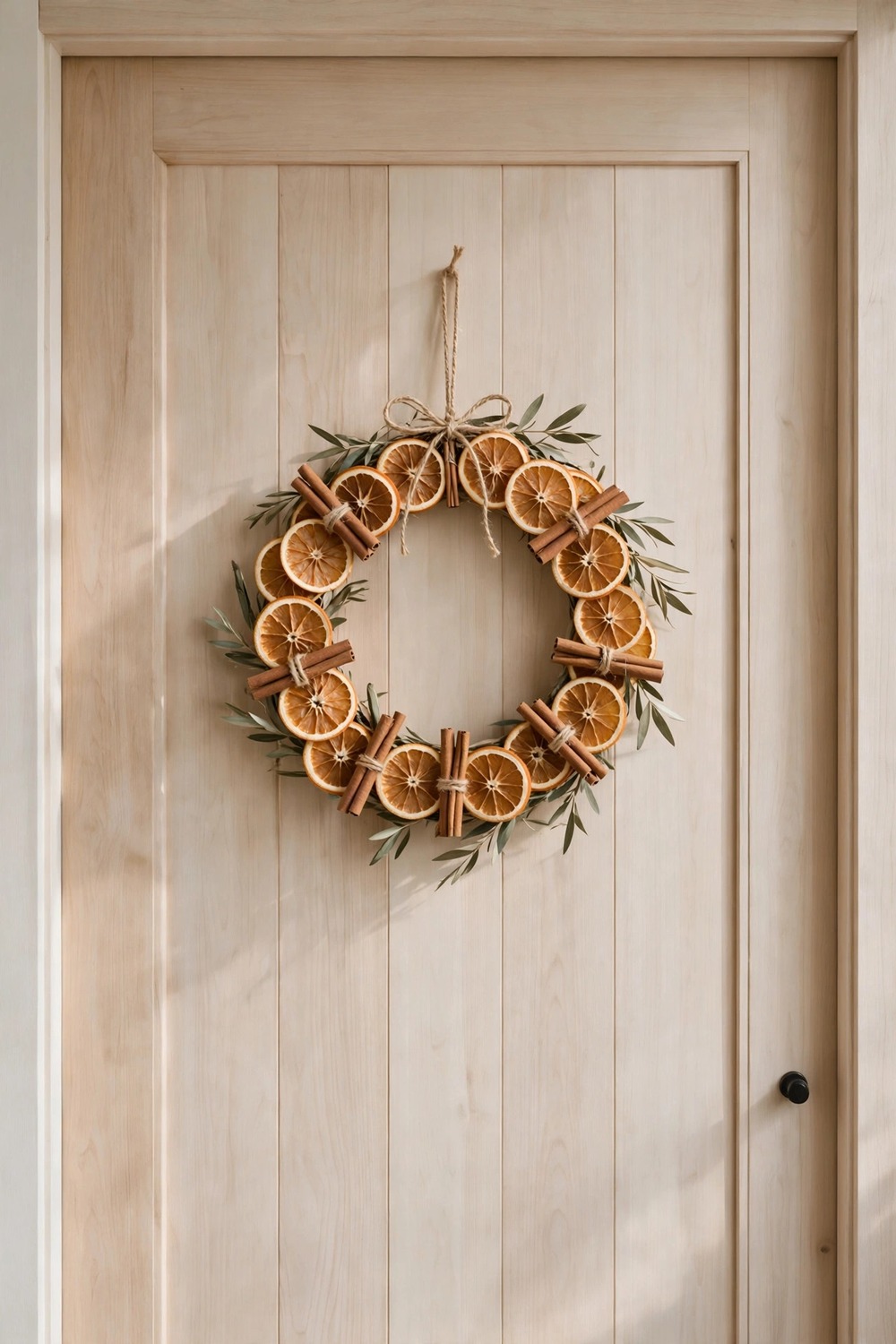 Dried orange slice wreath with cinnamon sticks on wooden door