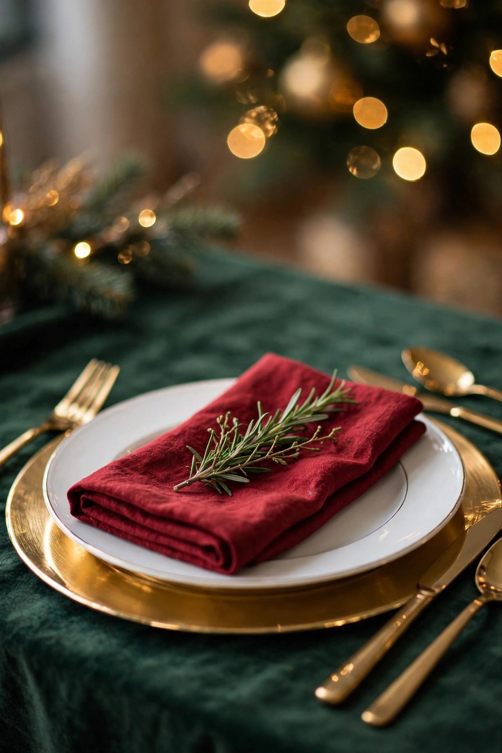 Gold charger plates with white dinner plates and red napkin on a Christmas table