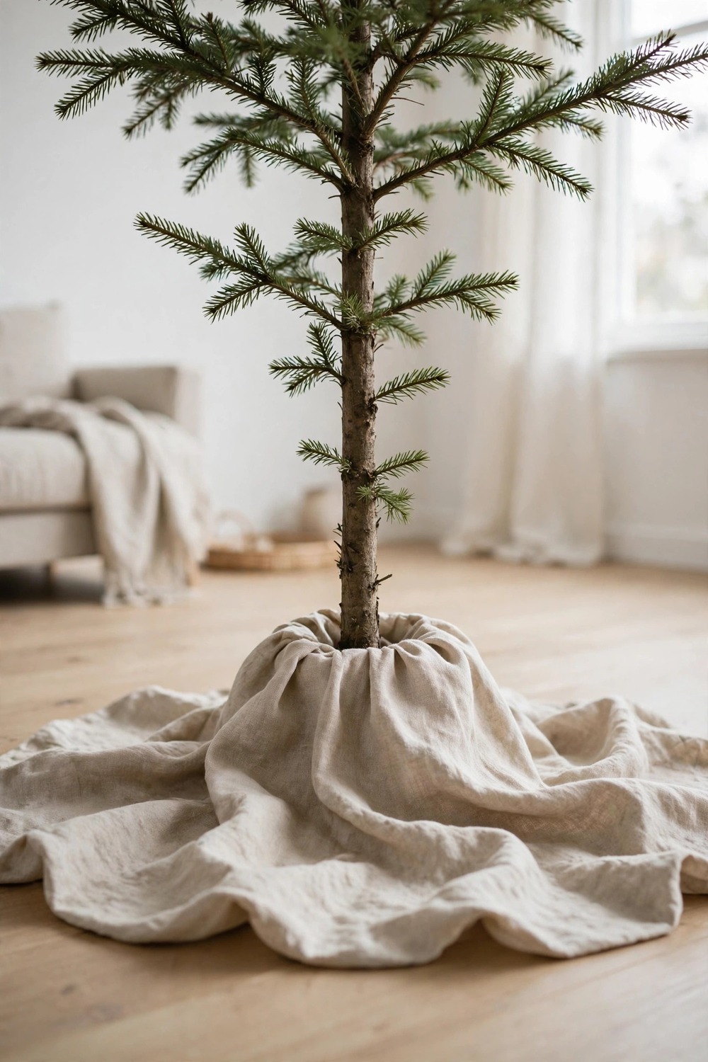 Minimalist Christmas decor: natural undyed linen tree skirt around a slim green Christmas tree