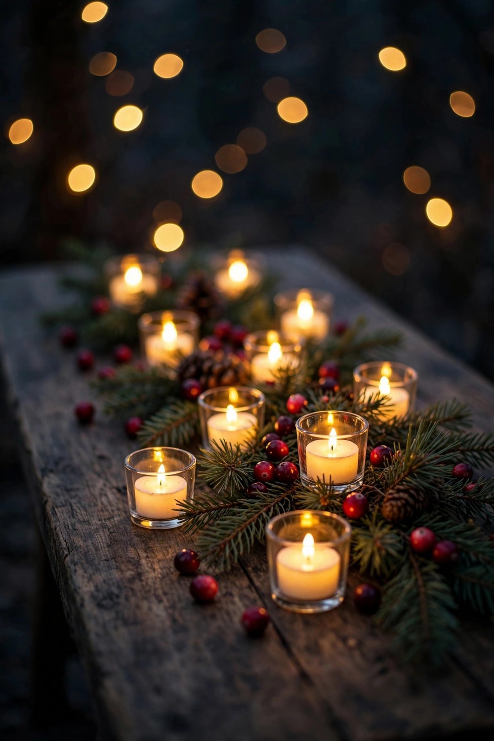 Glowing flameless tea lights in glass holders among pine branches on a Christmas table