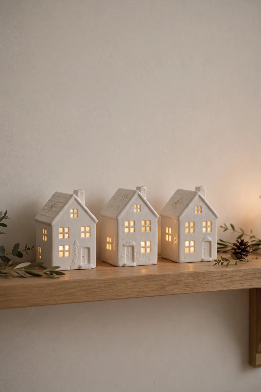 Minimalist Christmas decor: glowing white ceramic village houses lined on a wooden mantel