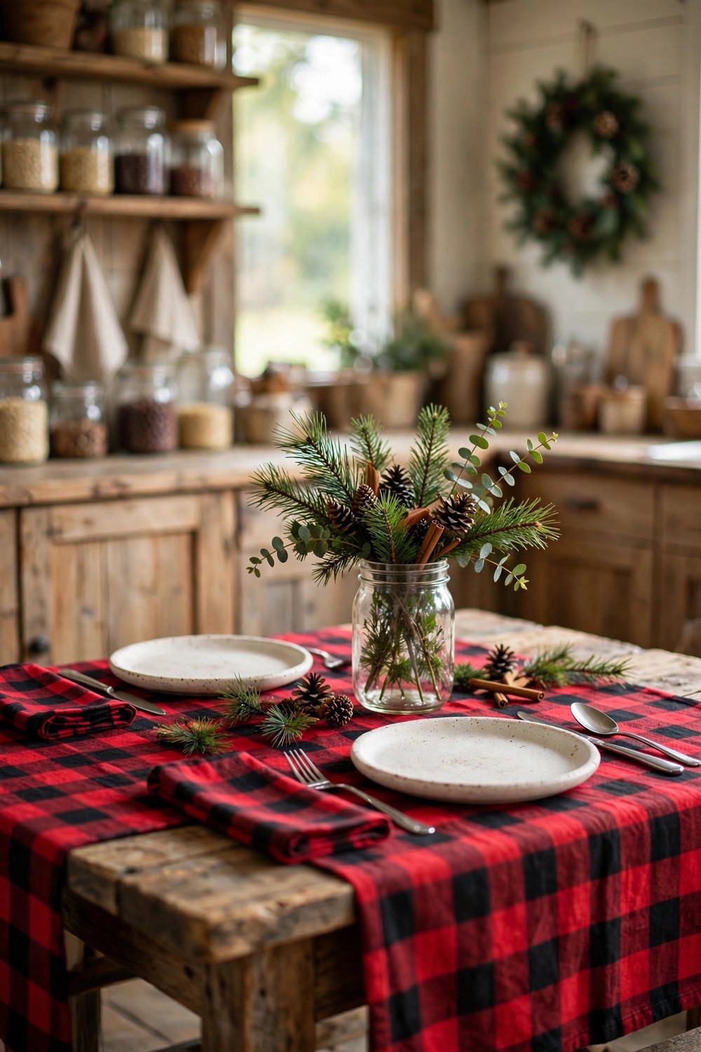 Red buffalo plaid tablecloth on a farmhouse Christmas dining table