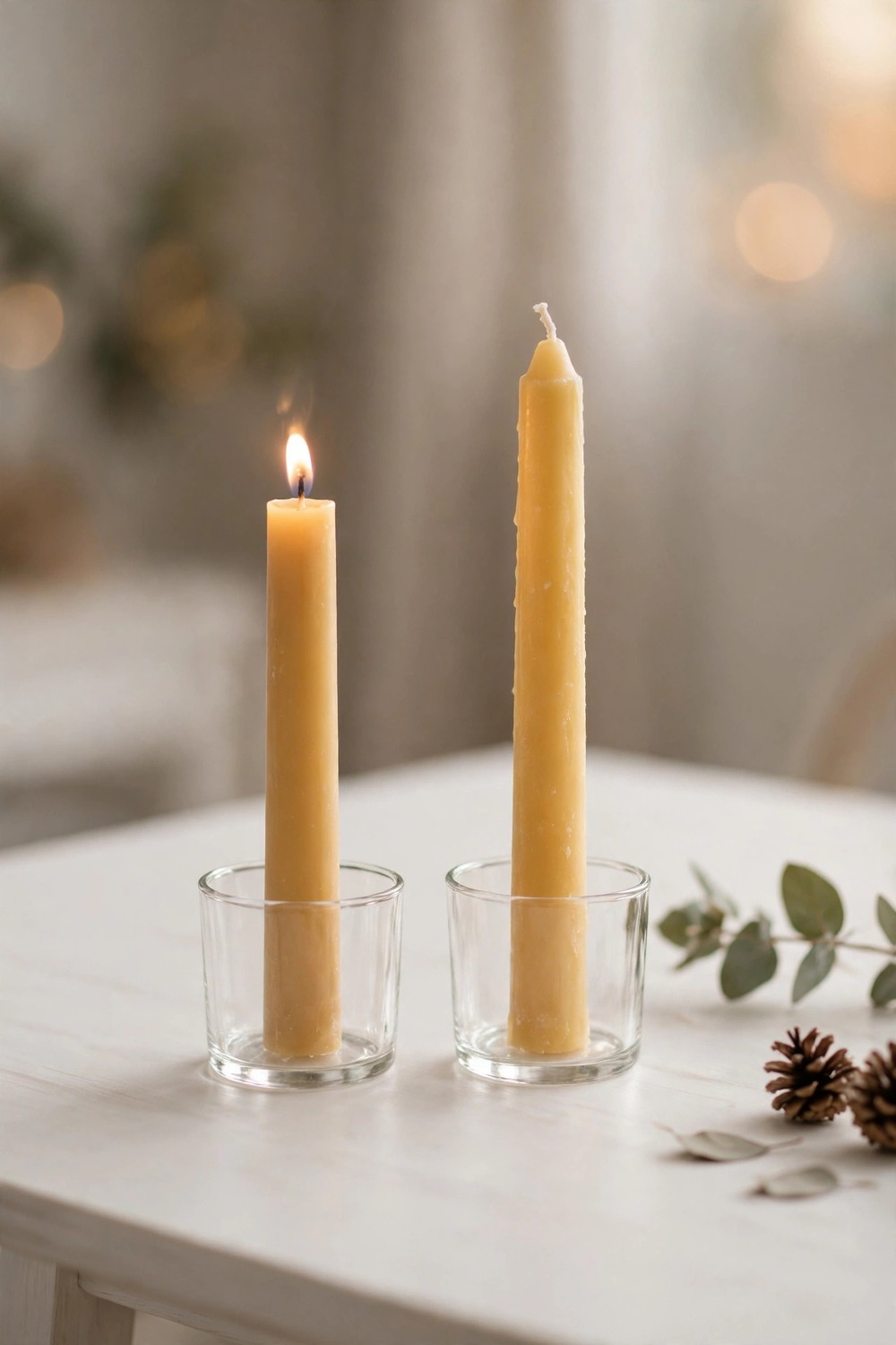 Minimalist Christmas decor: honey colored beeswax taper candles in glass holders, one lit