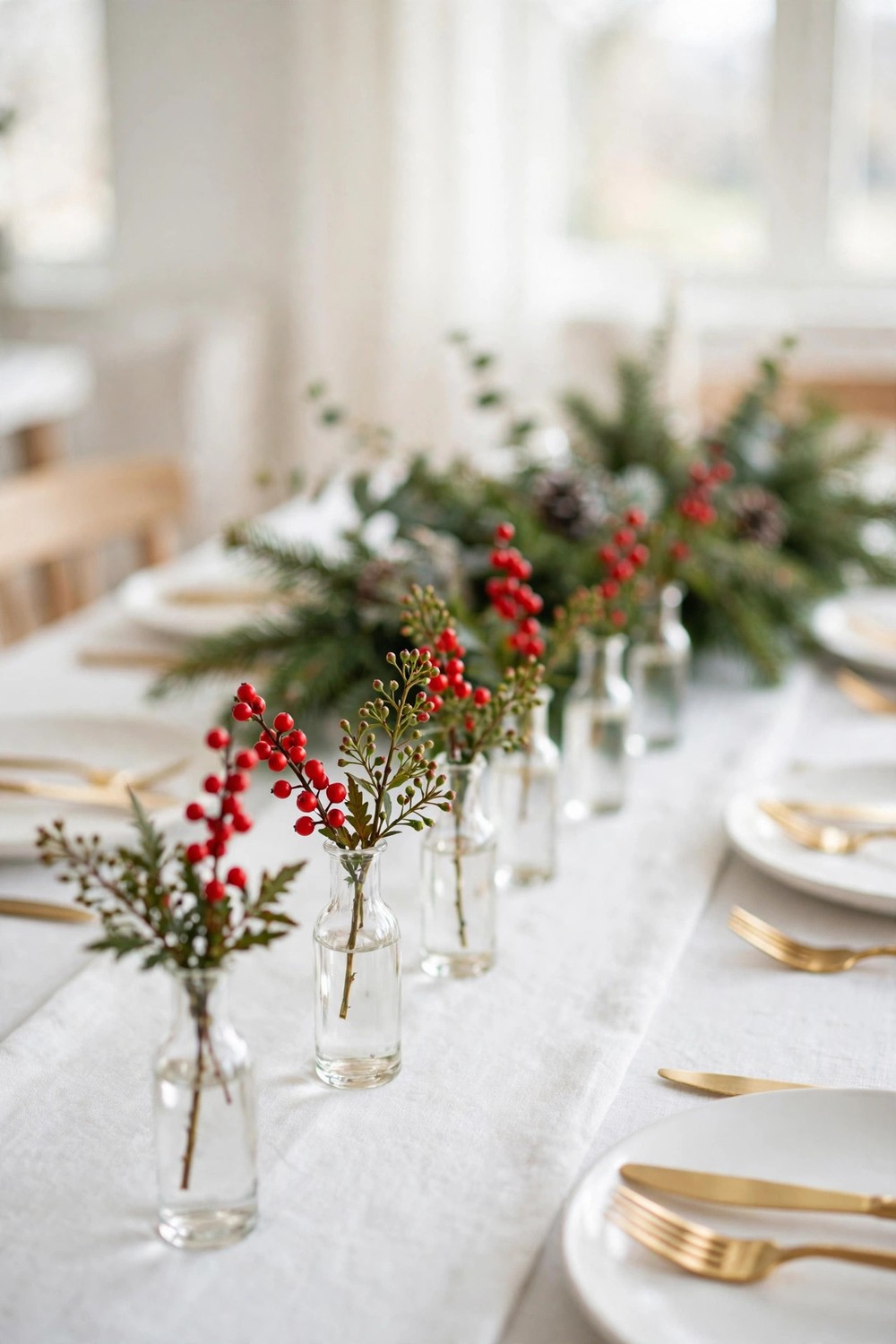 Red winter berry sprigs in bud vases along a Christmas table runner