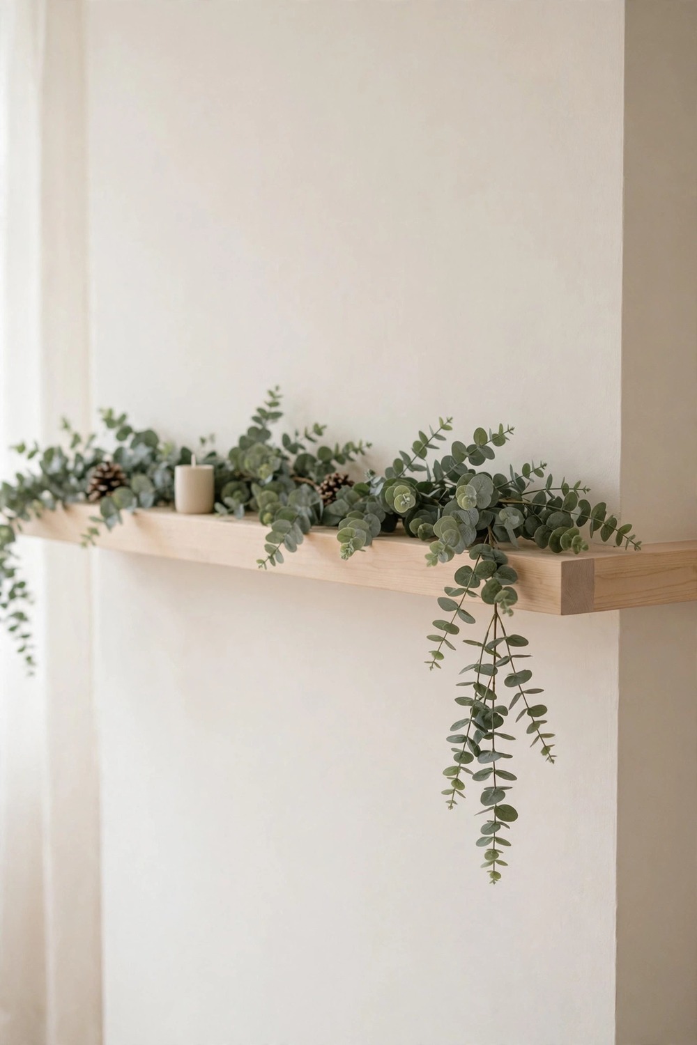 Minimalist Christmas decor: fresh eucalyptus garland draped on a light wood mantel