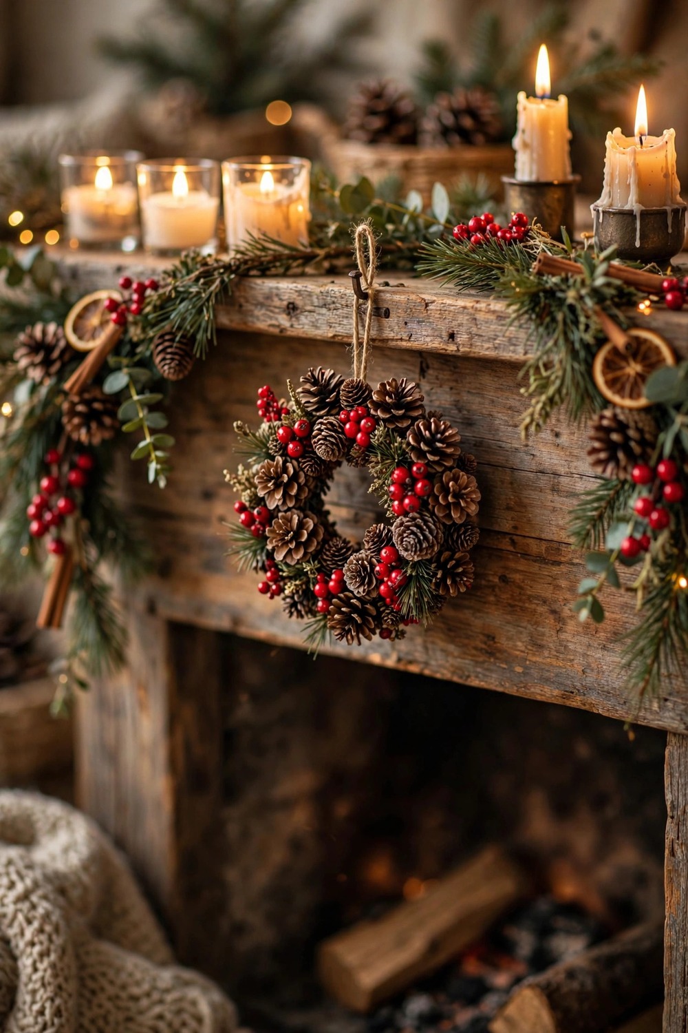 Pinecone mini wreath with red berries on Christmas mantel