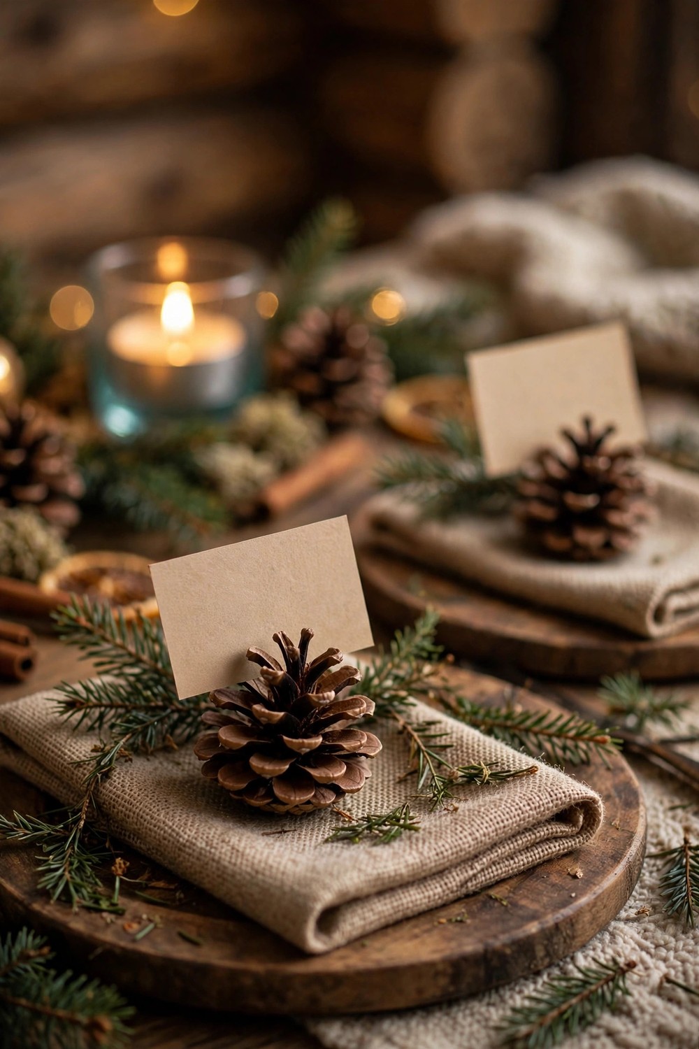 Pinecones holding kraft paper place cards on a rustic Christmas table