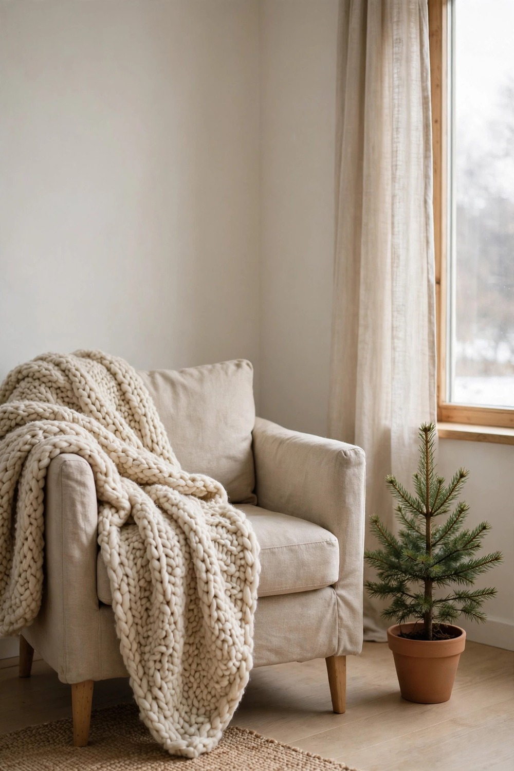 Minimalist Christmas decor: chunky cream wool throw on a beige linen armchair by a small pine tree