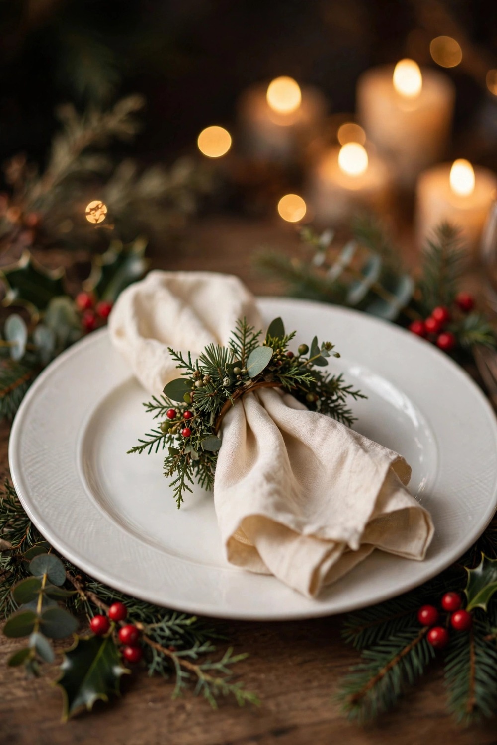 Christmas table place setting with mini wreath napkin ring