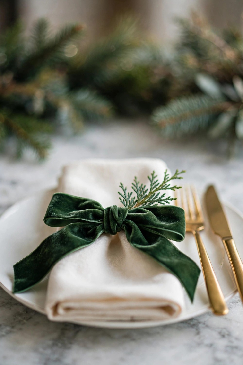 Cream napkin tied with deep green velvet ribbon bow on a Christmas place setting