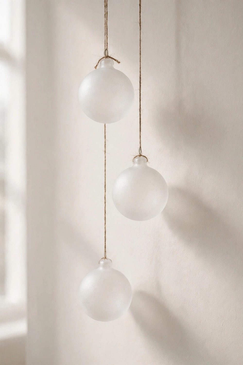 Minimalist Christmas decor: frosted white glass ornaments hanging from natural twine