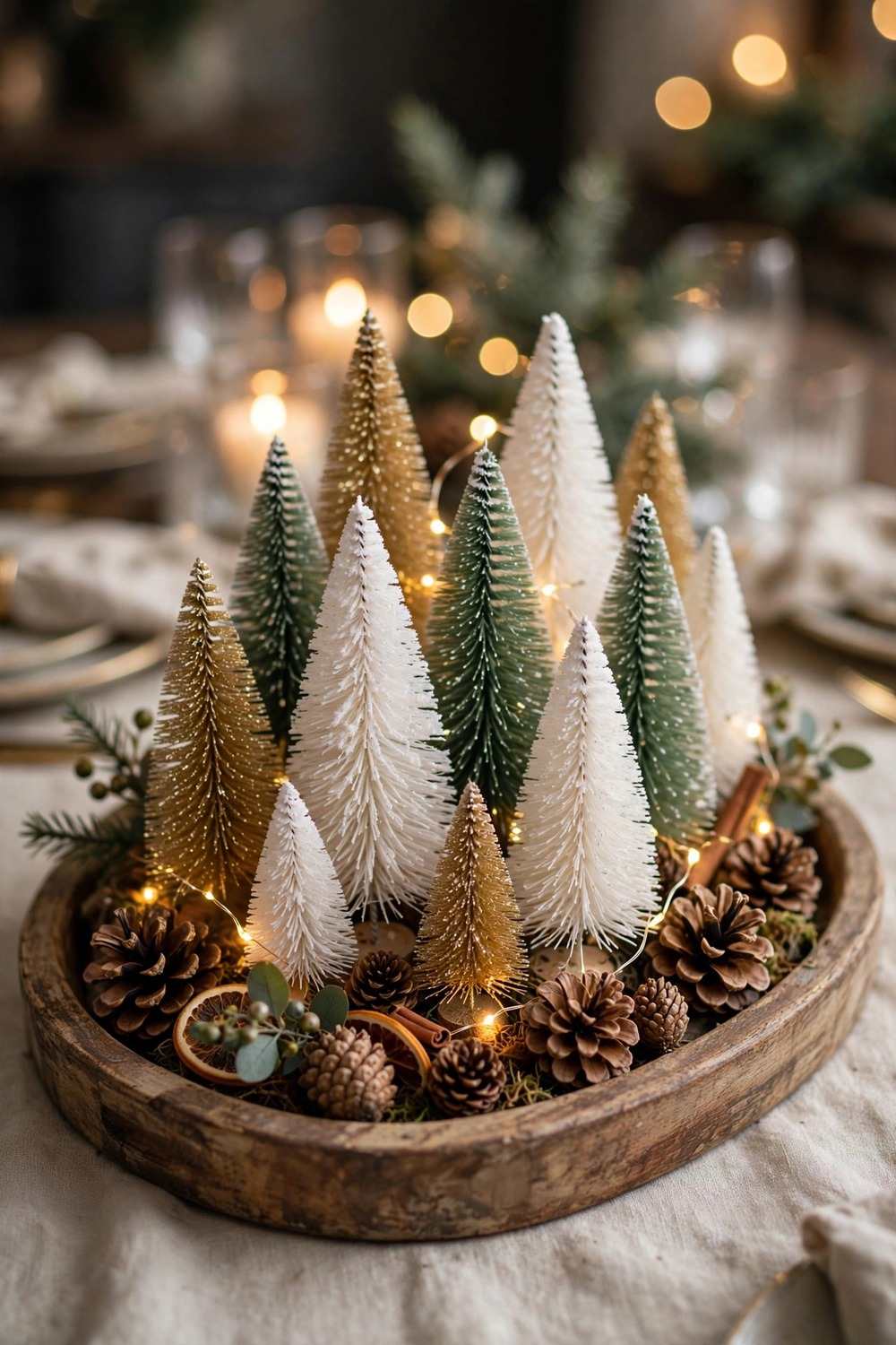 Bottle brush trees Christmas table centerpiece