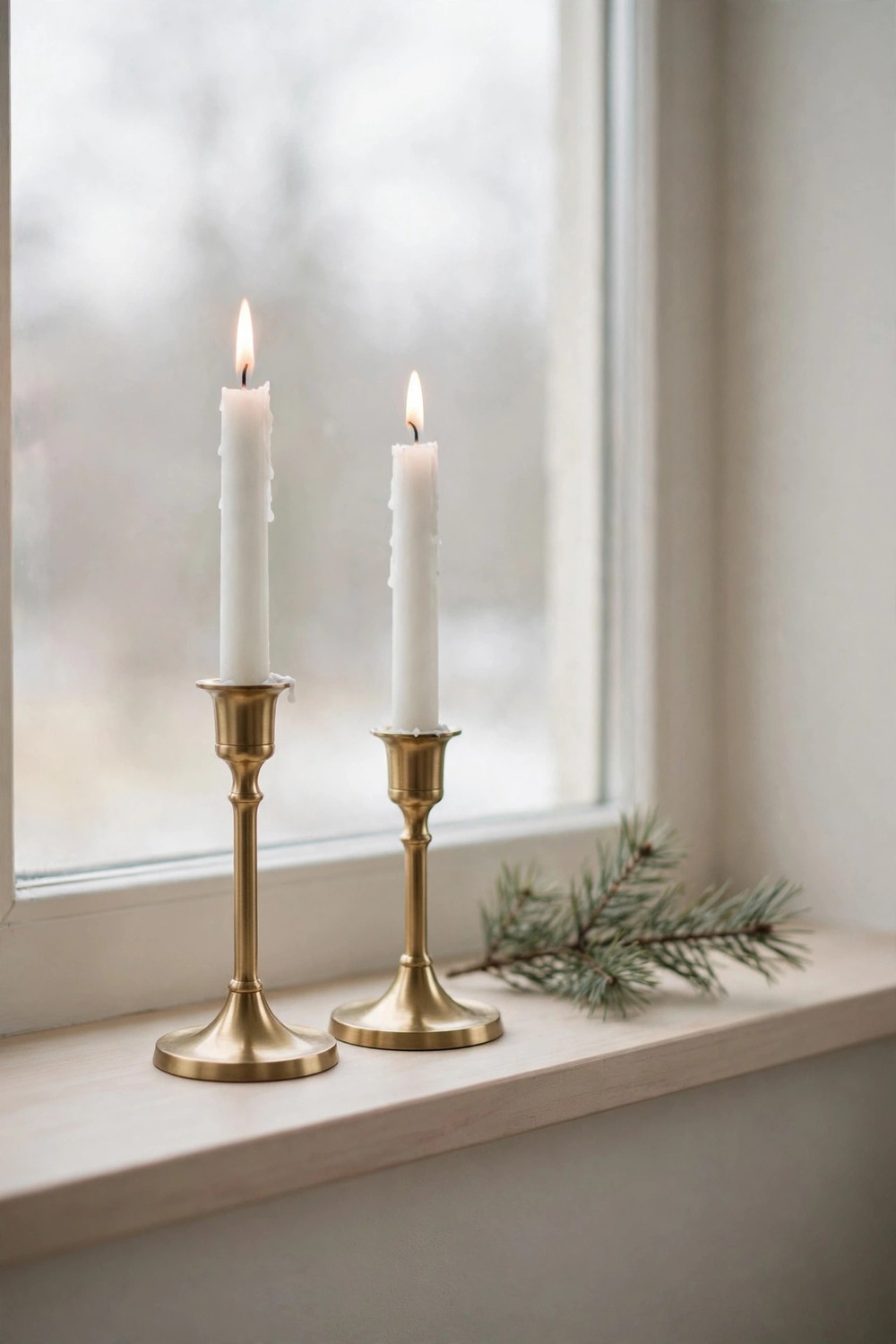 Brushed brass candlesticks with lit taper candles on minimalist windowsill