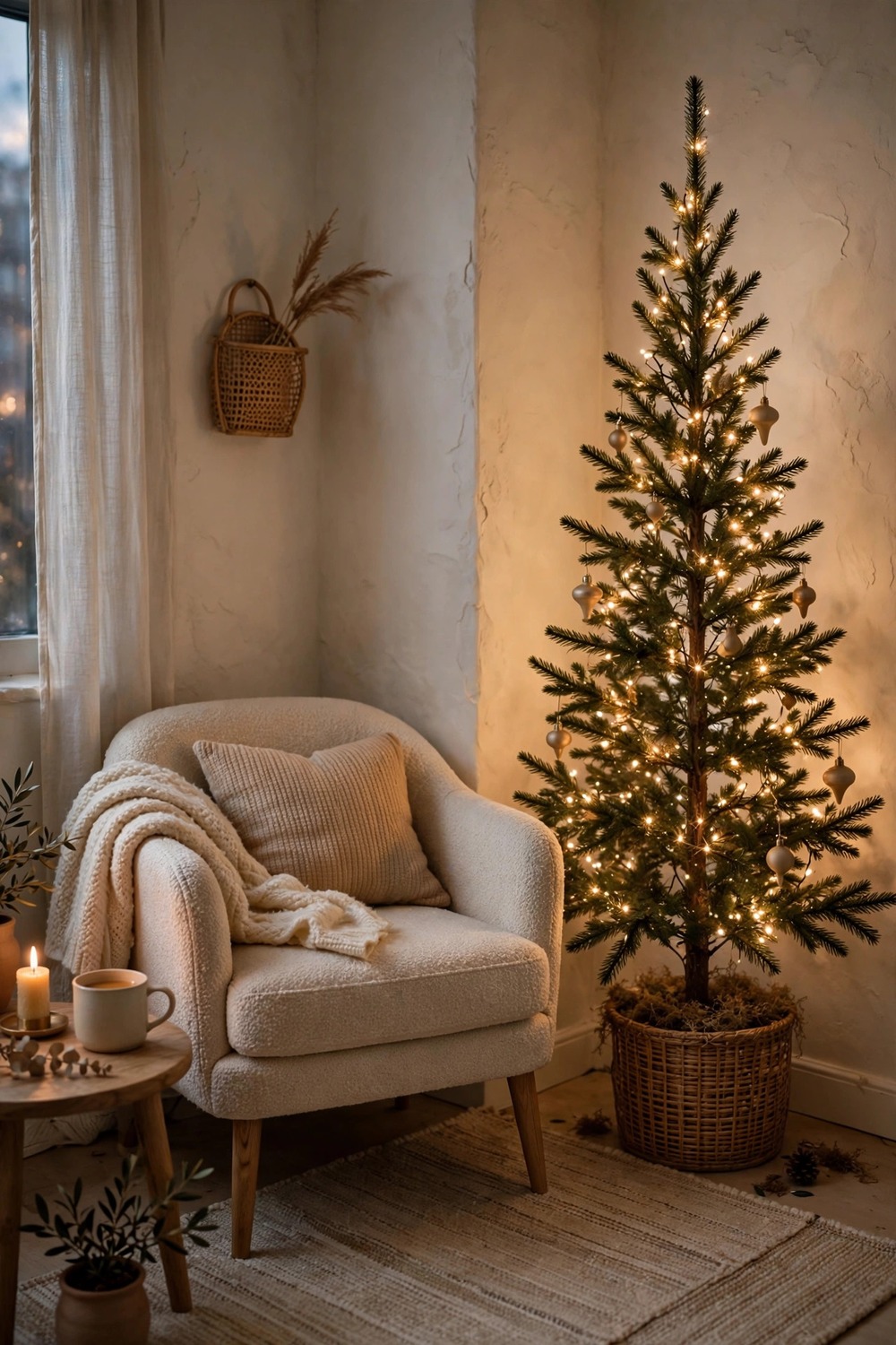 Slim pencil Christmas tree with warm lights in a small living room corner