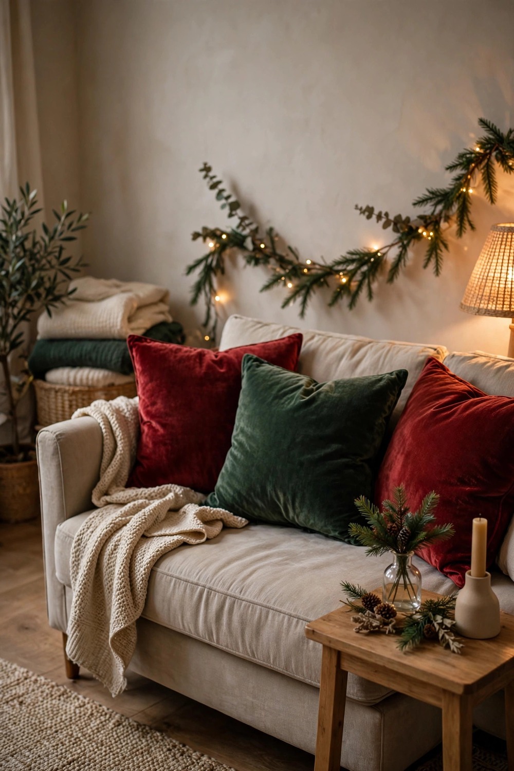 Sofa styled with red and green velvet cushion covers for Christmas in a small living room
