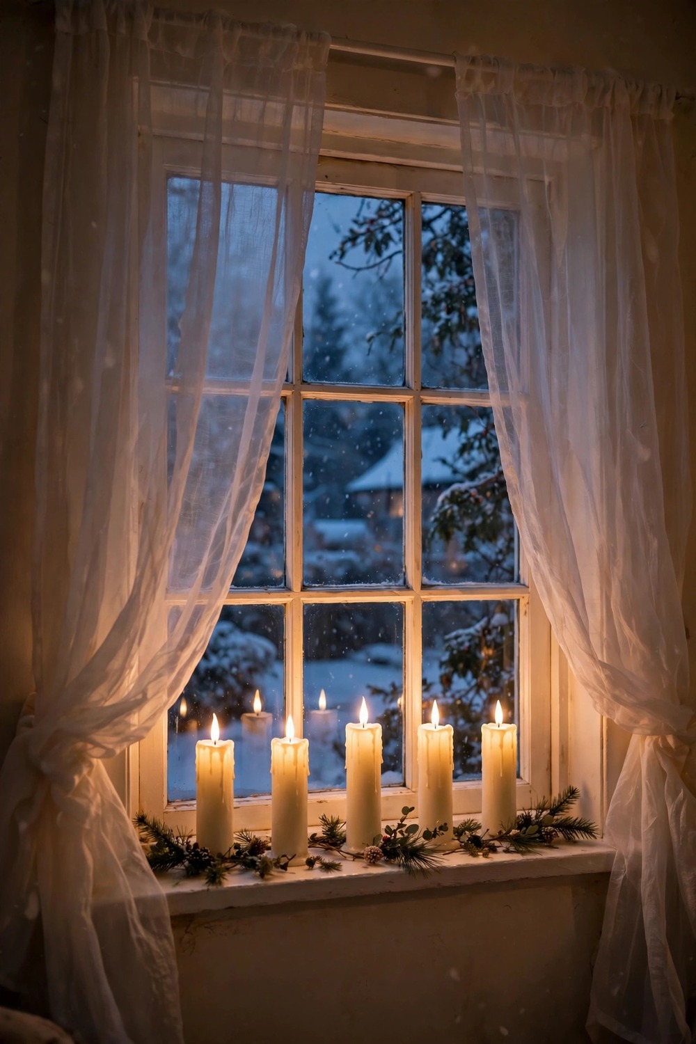 Glowing flameless LED taper candles on a small living room windowsill at Christmas
