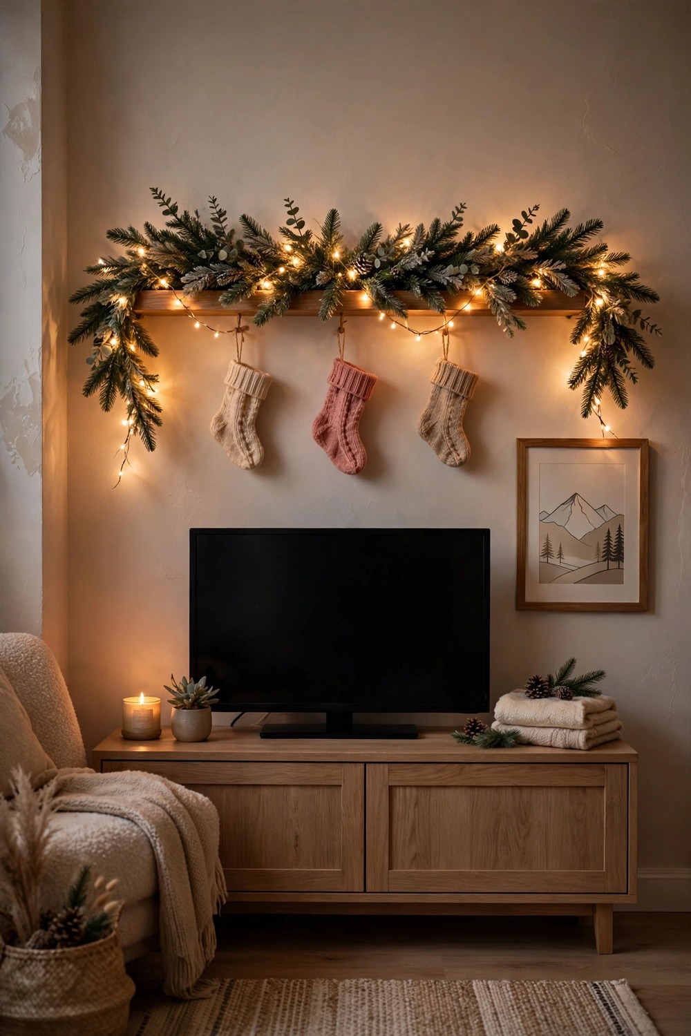 Pre-lit faux Christmas garland draped over a wall shelf in a small living room