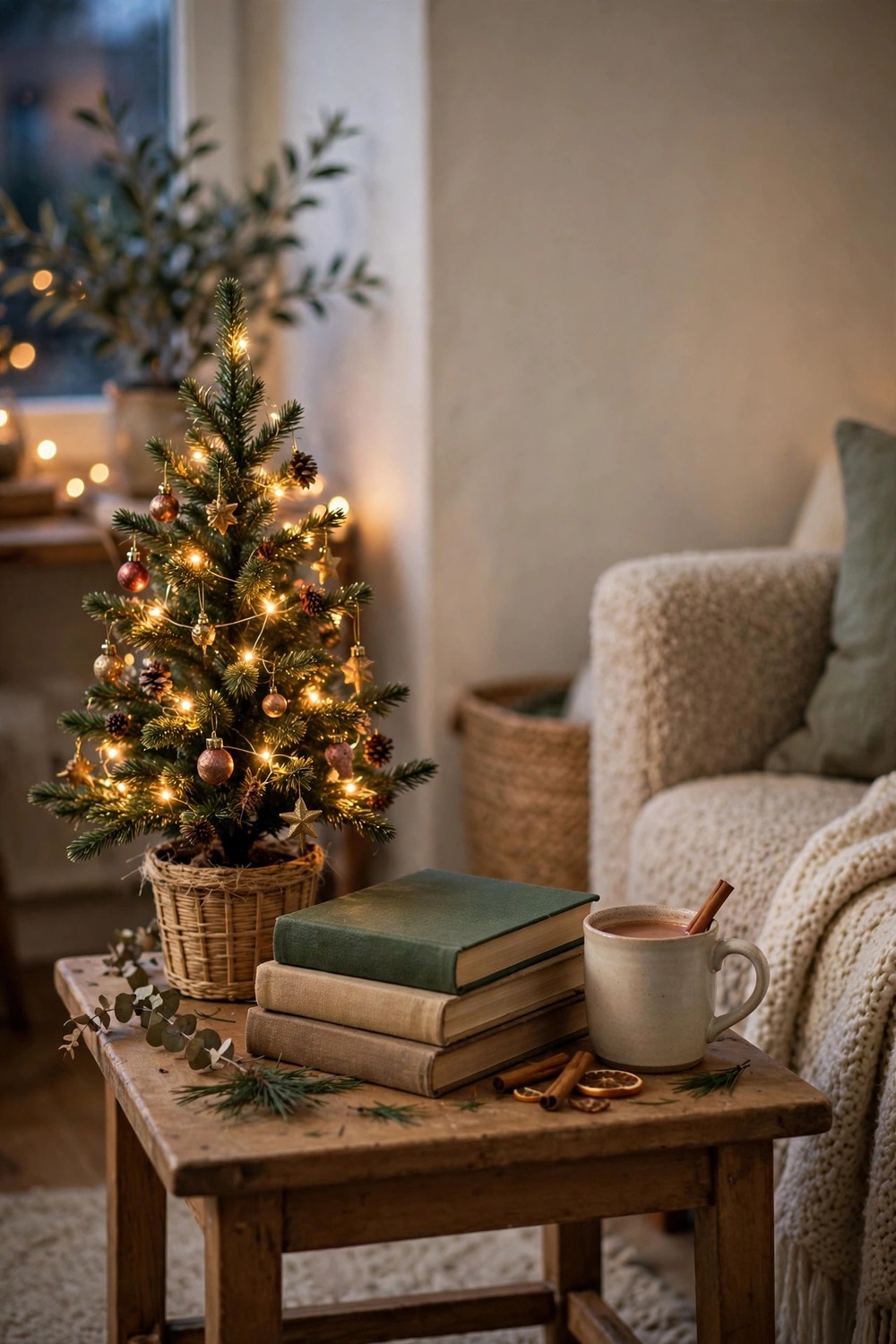 Mini tabletop Christmas tree with tiny ornaments on a side table in a small living room