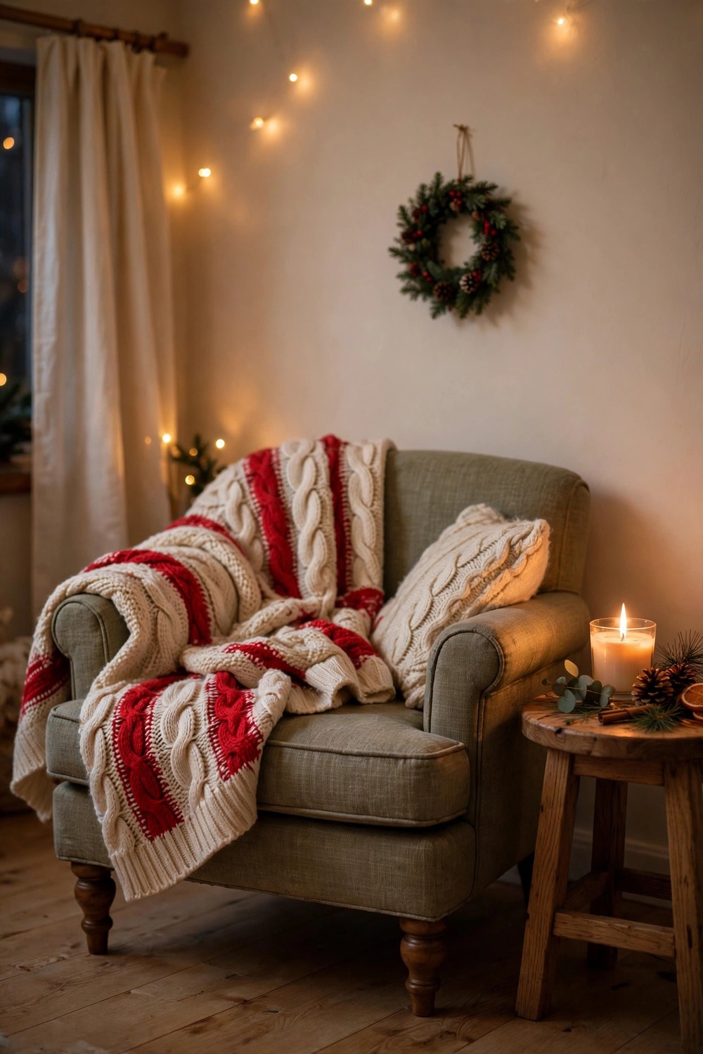 Armchair draped with a chunky knit Christmas throw blanket in a small living room