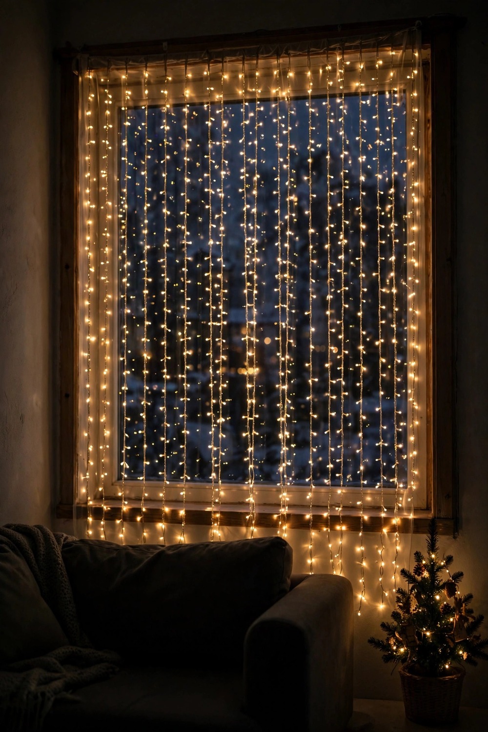 Window covered with a curtain of warm LED fairy lights in a small Christmas living room