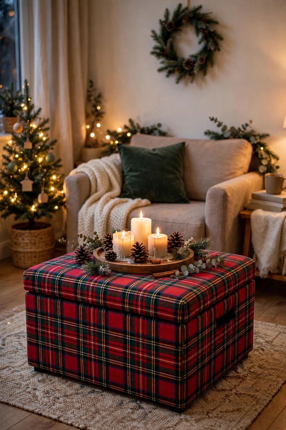 Foldable storage ottoman in festive plaid fabric used as coffee table in a small Christmas living room