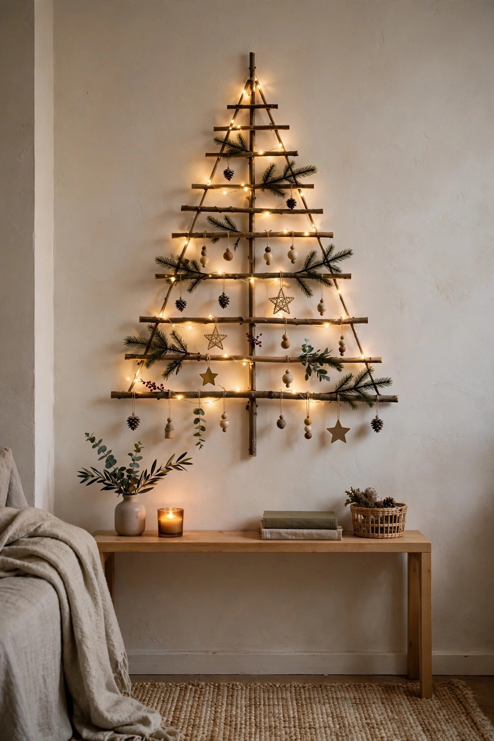 Flat wall-mounted Christmas tree with lights and ornaments in a small living room
