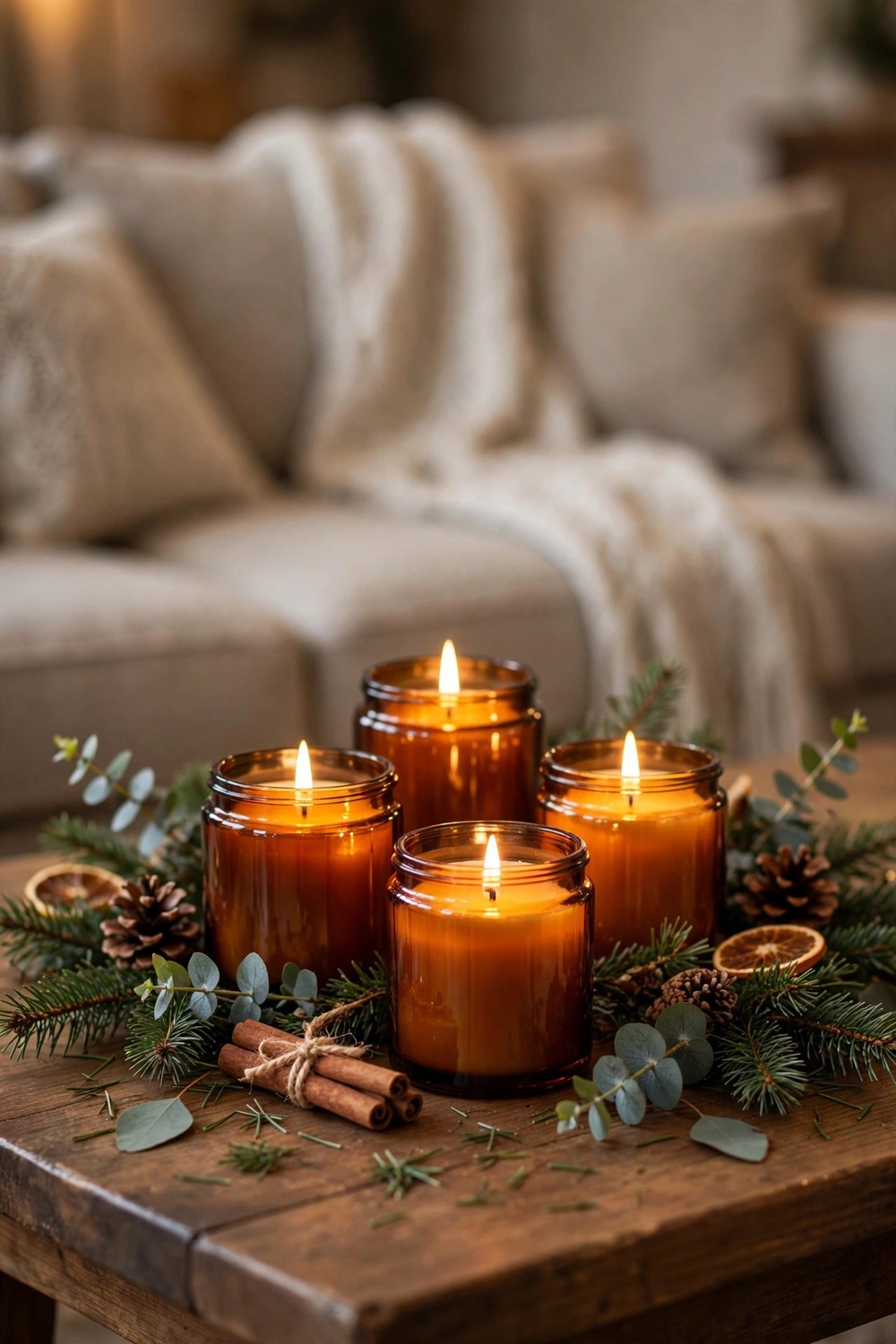 Christmas scented candle set styled on a coffee table in a small living room