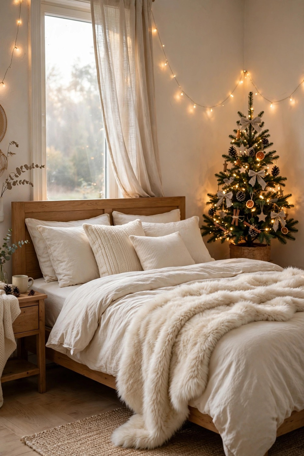 Cream faux fur throw blanket draped over a bed in a cozy Christmas decorated bedroom