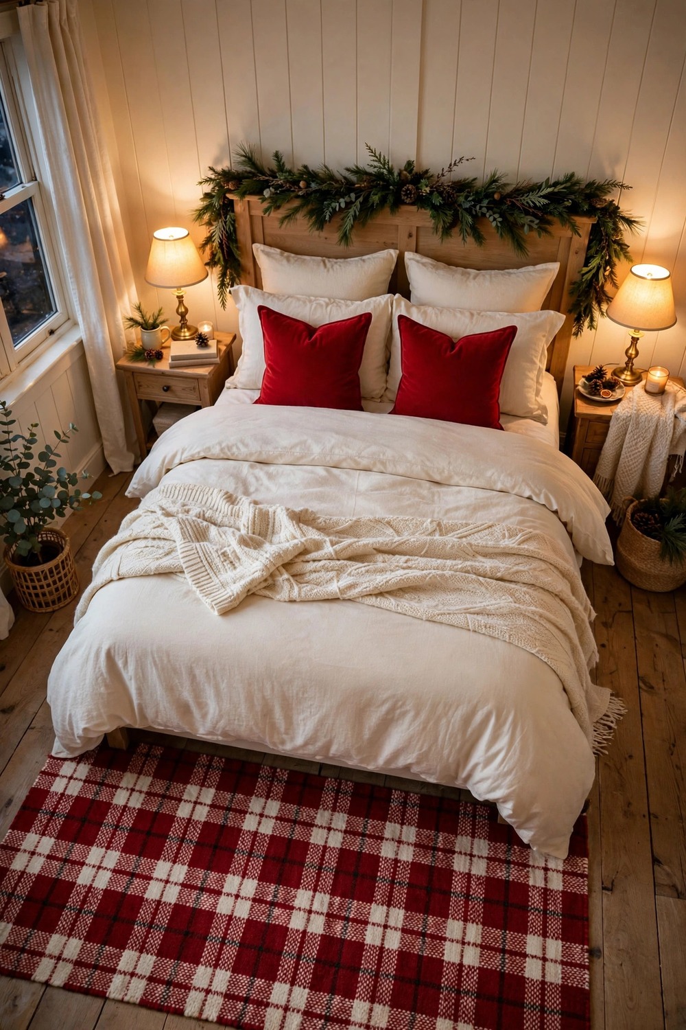 Red and cream plaid wool area rug under a bed in a cozy Christmas bedroom
