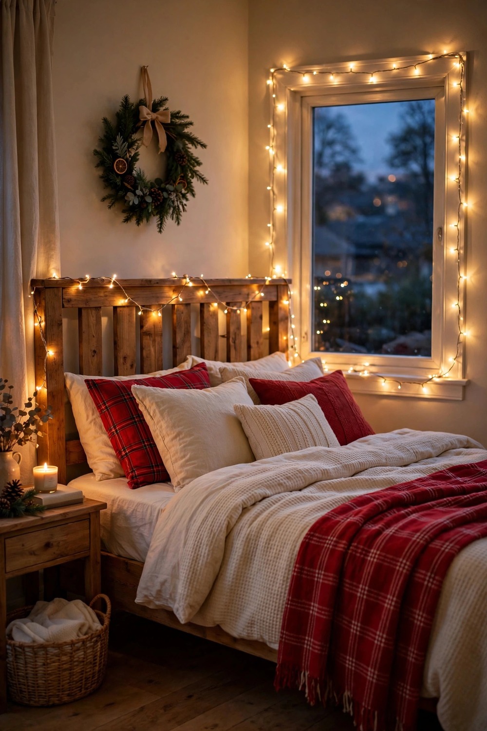 Warm white LED fairy string lights draped on a headboard in a cozy Christmas bedroom