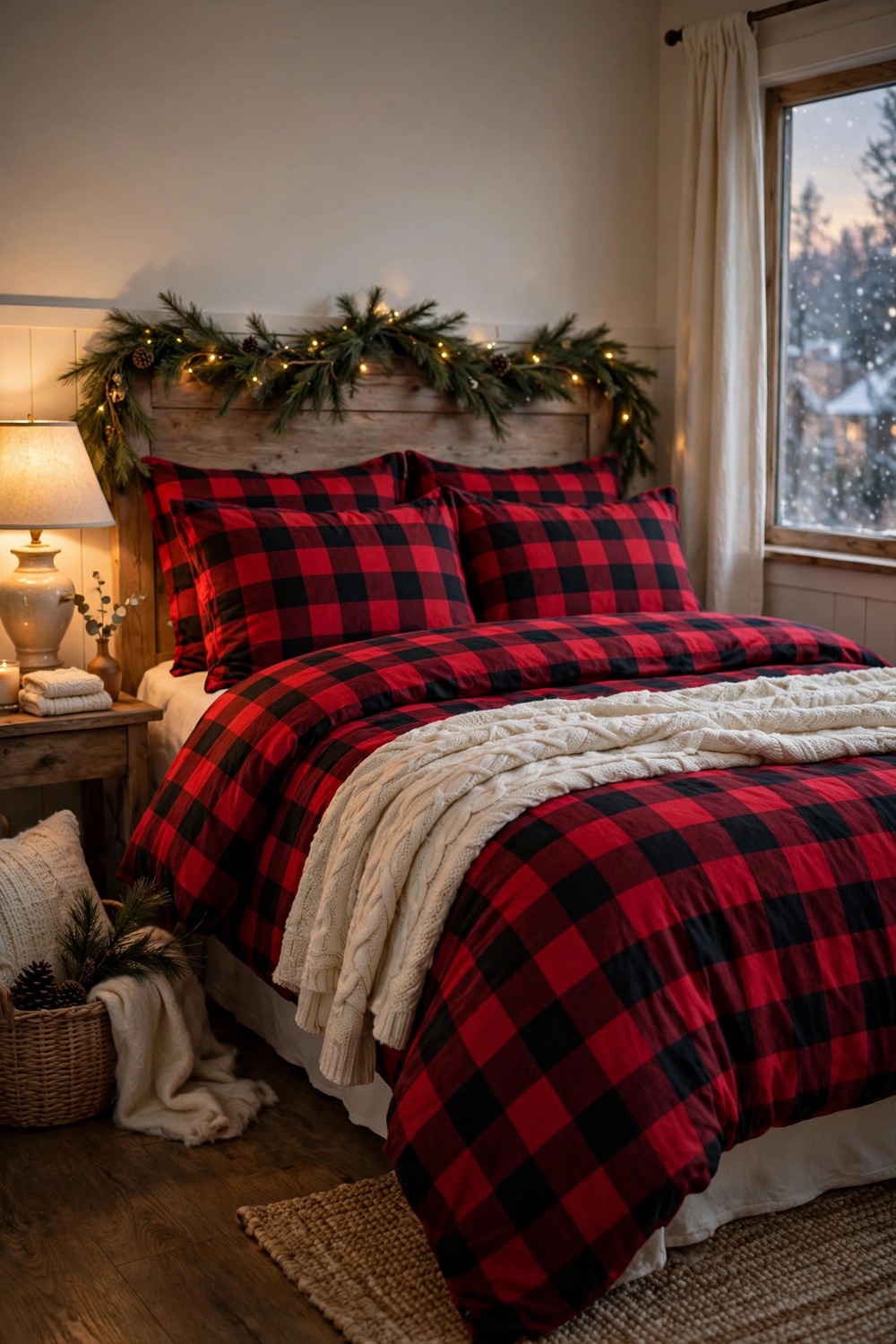 Bed dressed in a red and black buffalo plaid flannel duvet cover set in a Christmas bedroom