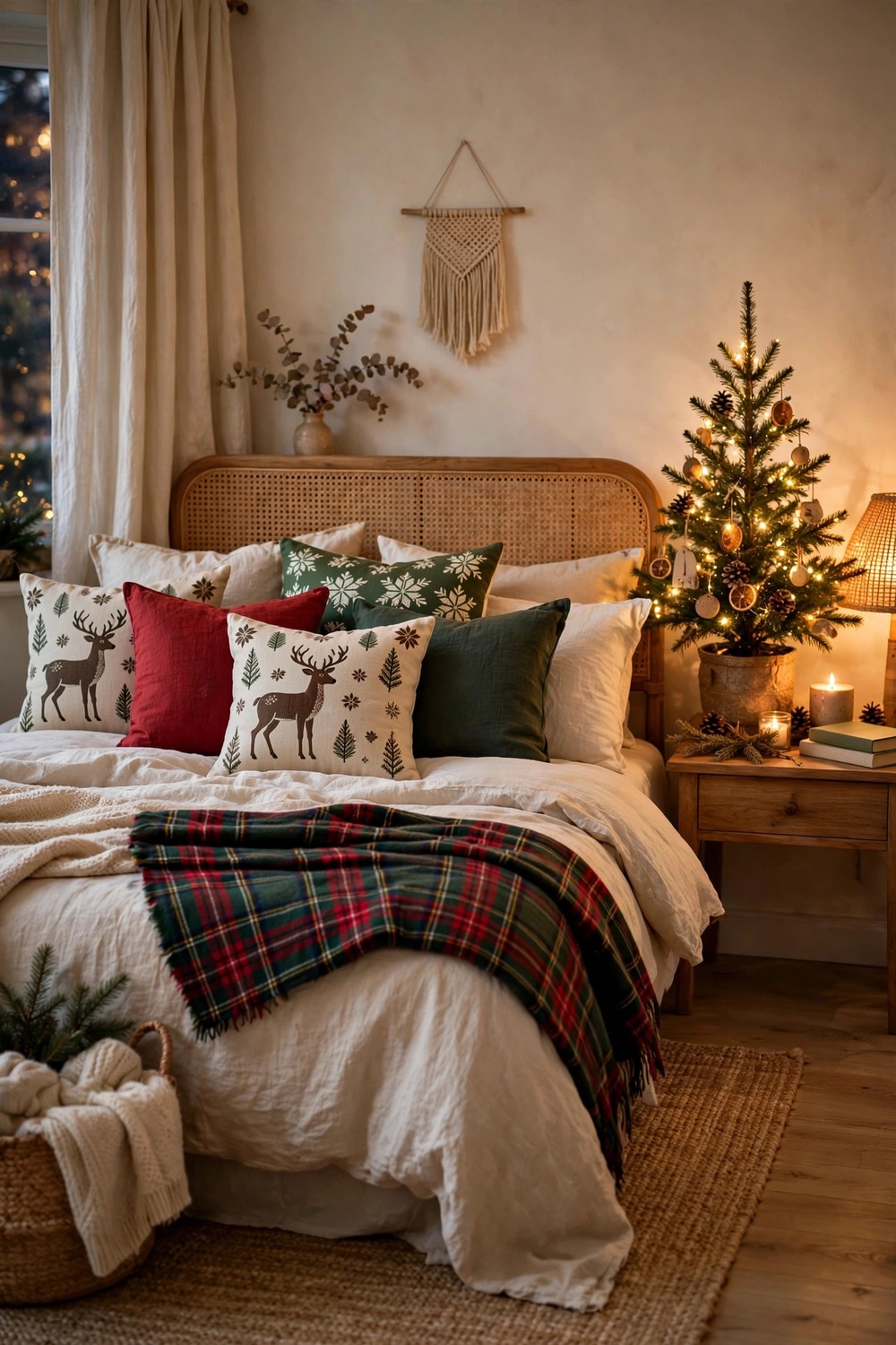 Christmas throw pillow covers with reindeer and snowflake patterns styled on a bedroom bed