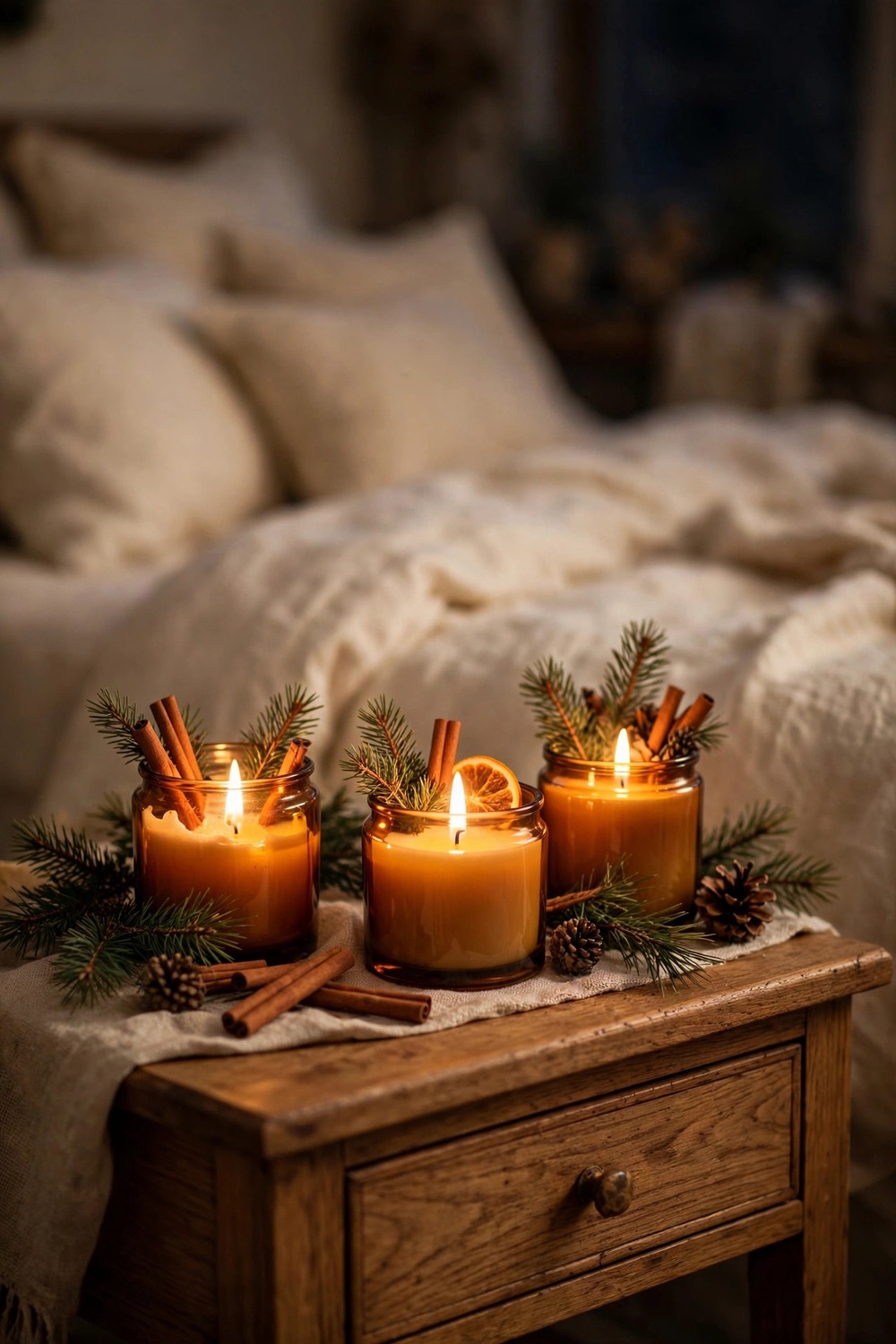 Lit cinnamon and pine scented candles in amber jars on a bedroom nightstand