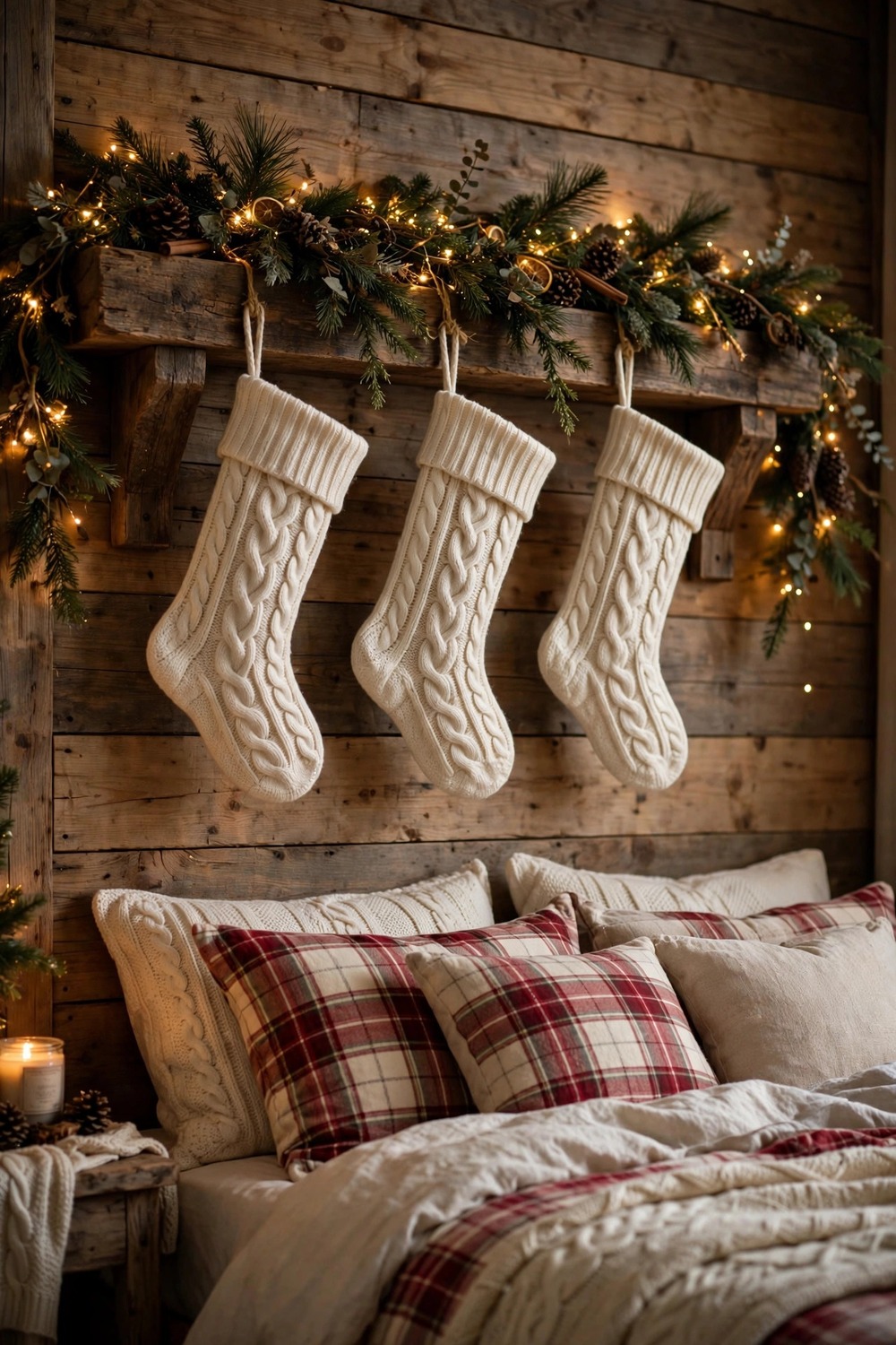 Cream cable knit Christmas stockings hanging on a bedroom wall mantel shelf