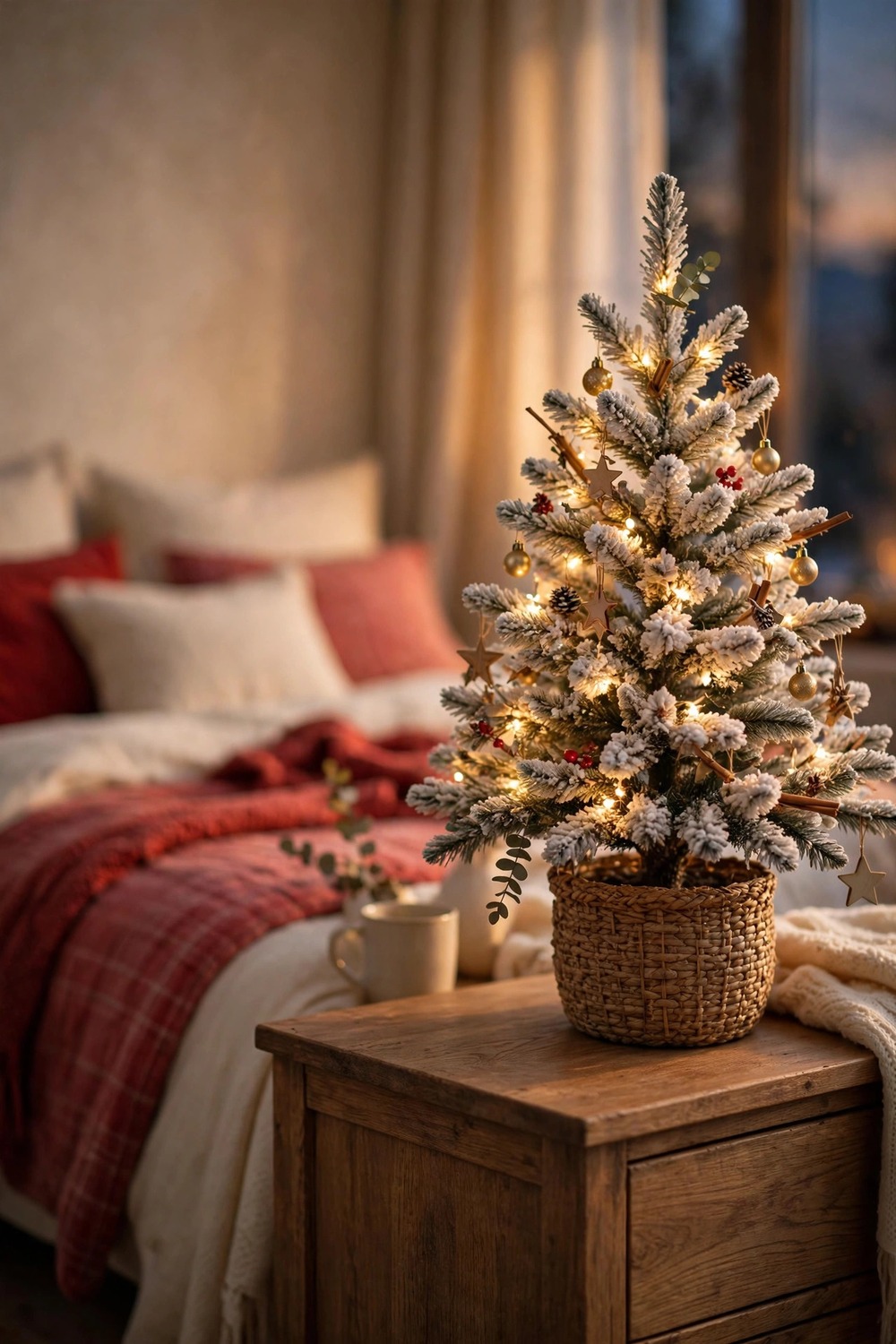 Mini flocked Christmas tree with warm lights in a basket on a bedroom dresser
