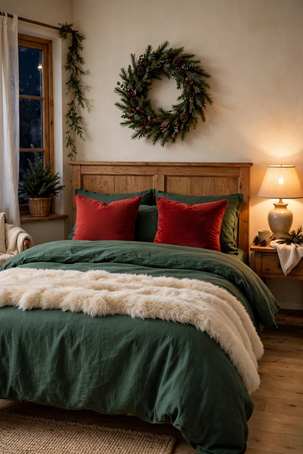 Plush cream faux fur bed runner laid across a bed in a Christmas decorated bedroom