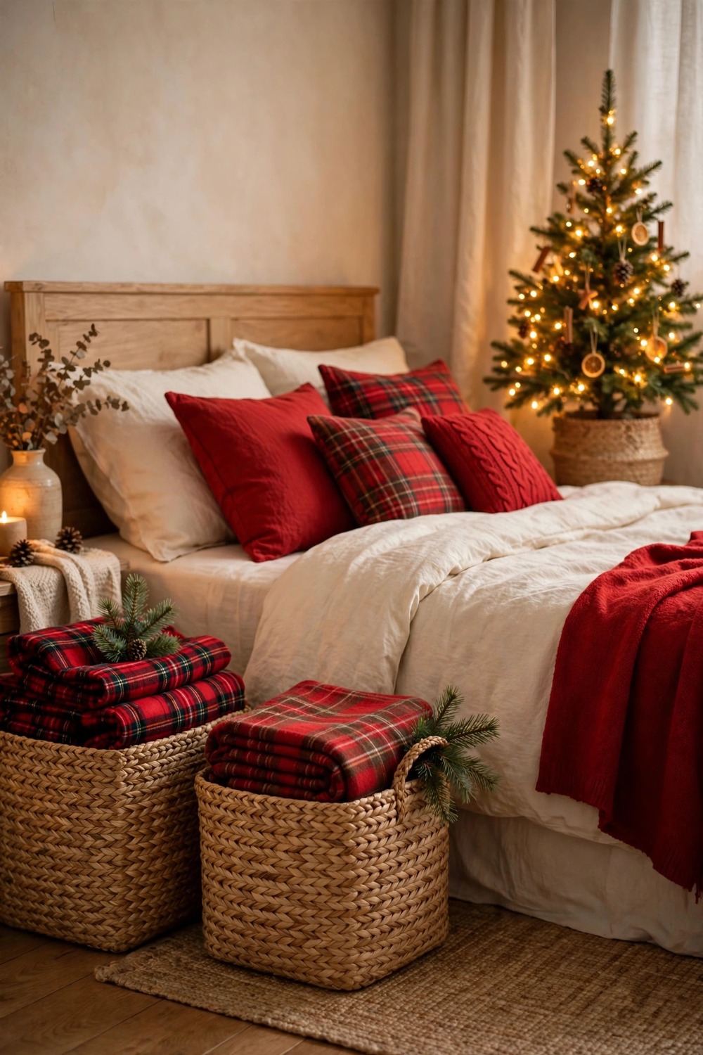 Woven seagrass storage baskets holding folded plaid blankets in a Christmas bedroom