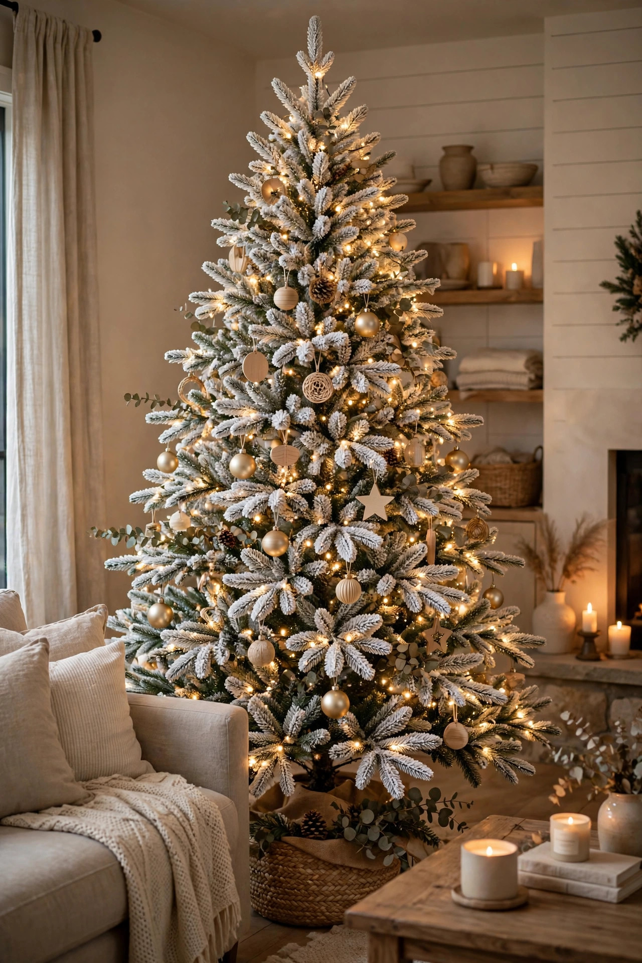 Flocked Christmas tree with natural snowy tips
