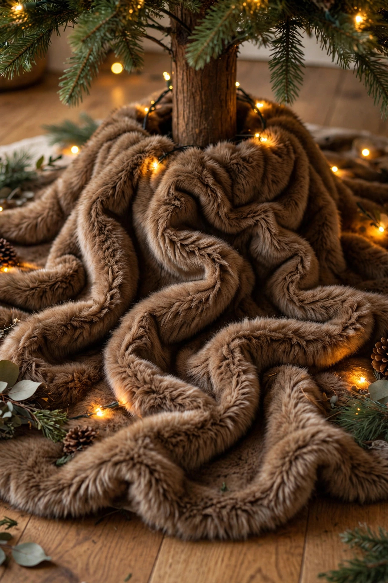 Luxurious faux fur tree skirt around Christmas tree base