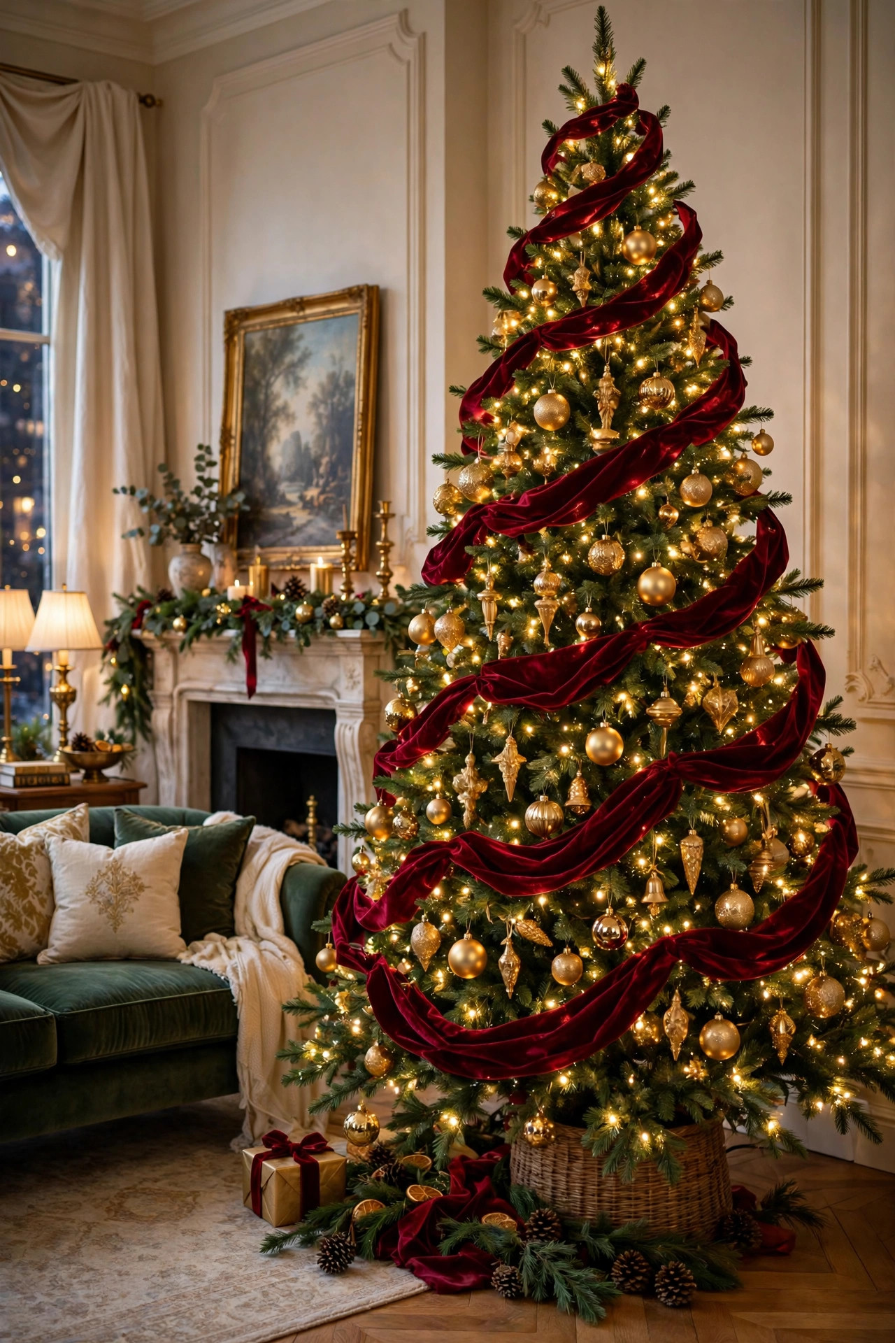 Christmas tree with cascading velvet ribbon garland