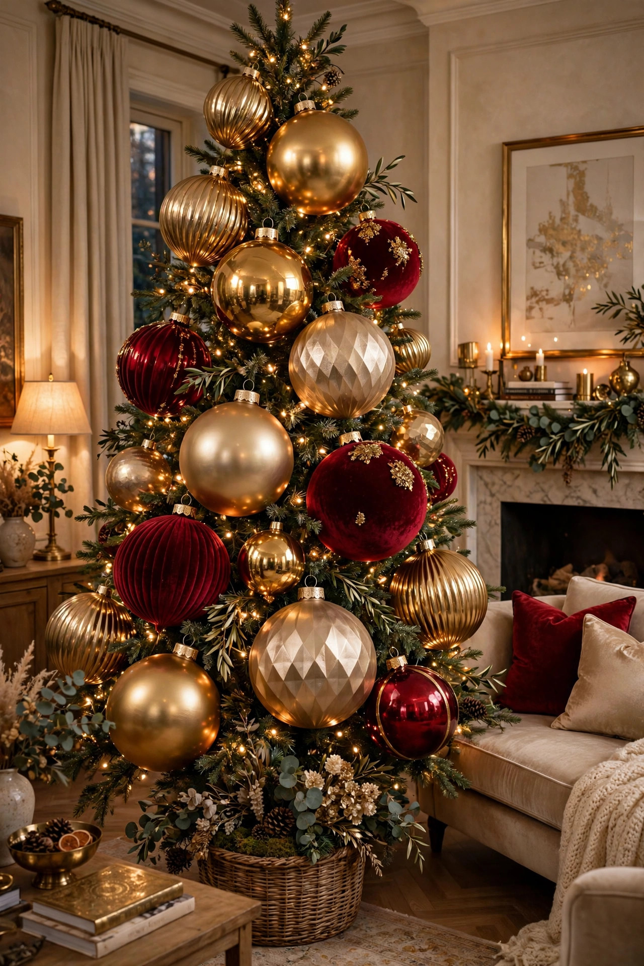 Christmas tree decorated with oversized statement ornaments