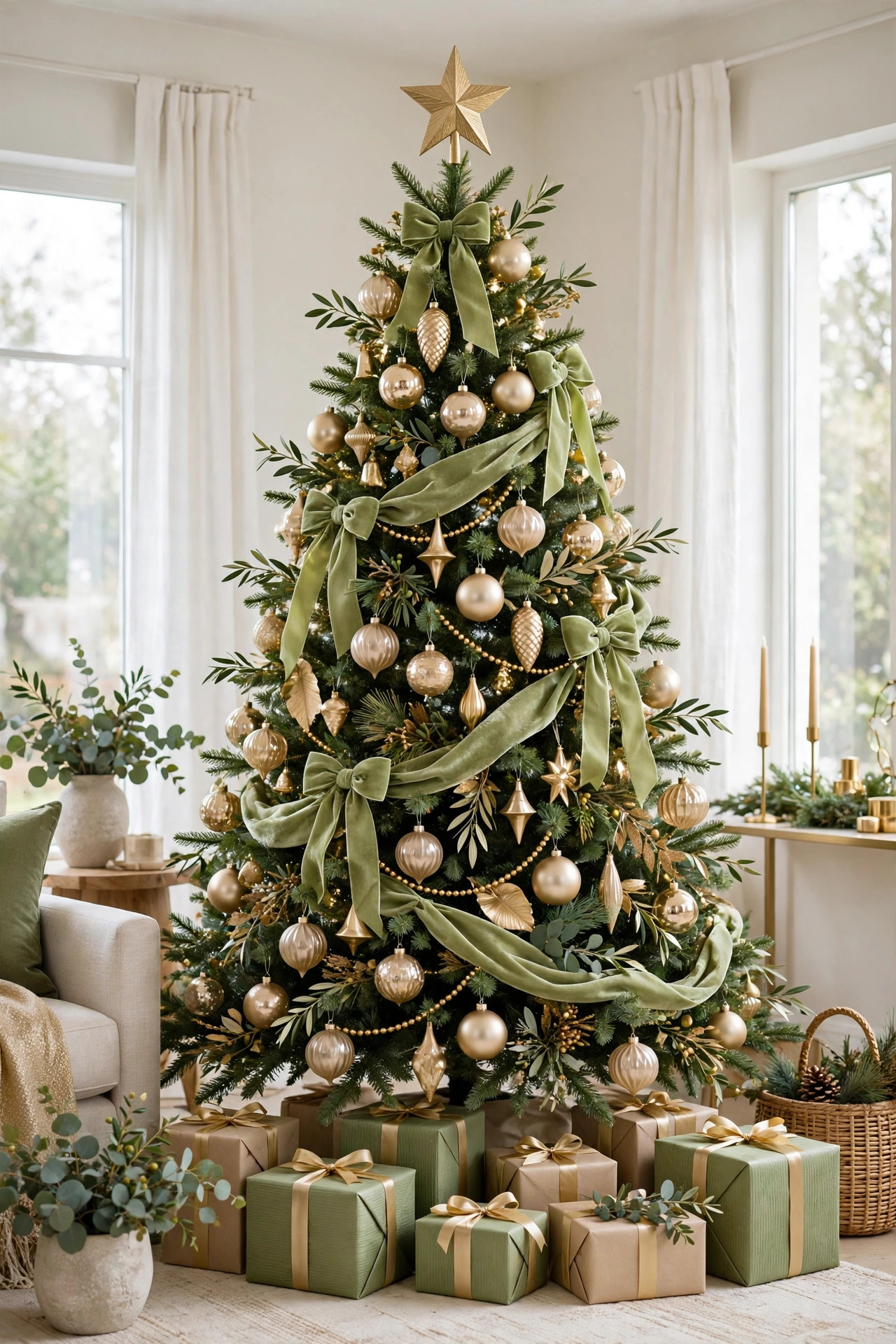 Elegant Christmas tree in pistachio green and gold theme