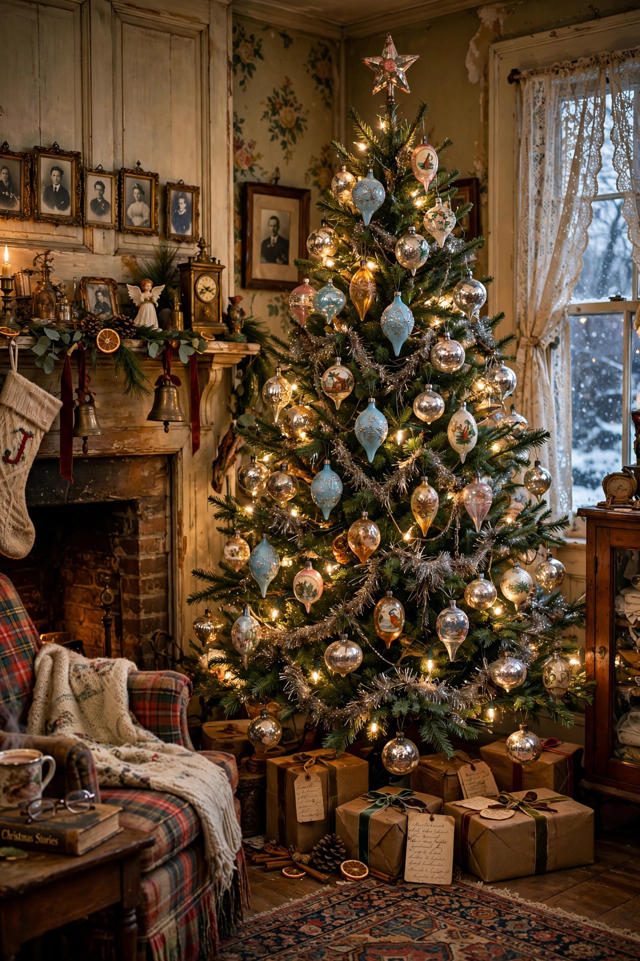 Vintage style Christmas tree with nostalgic heirloom ornaments