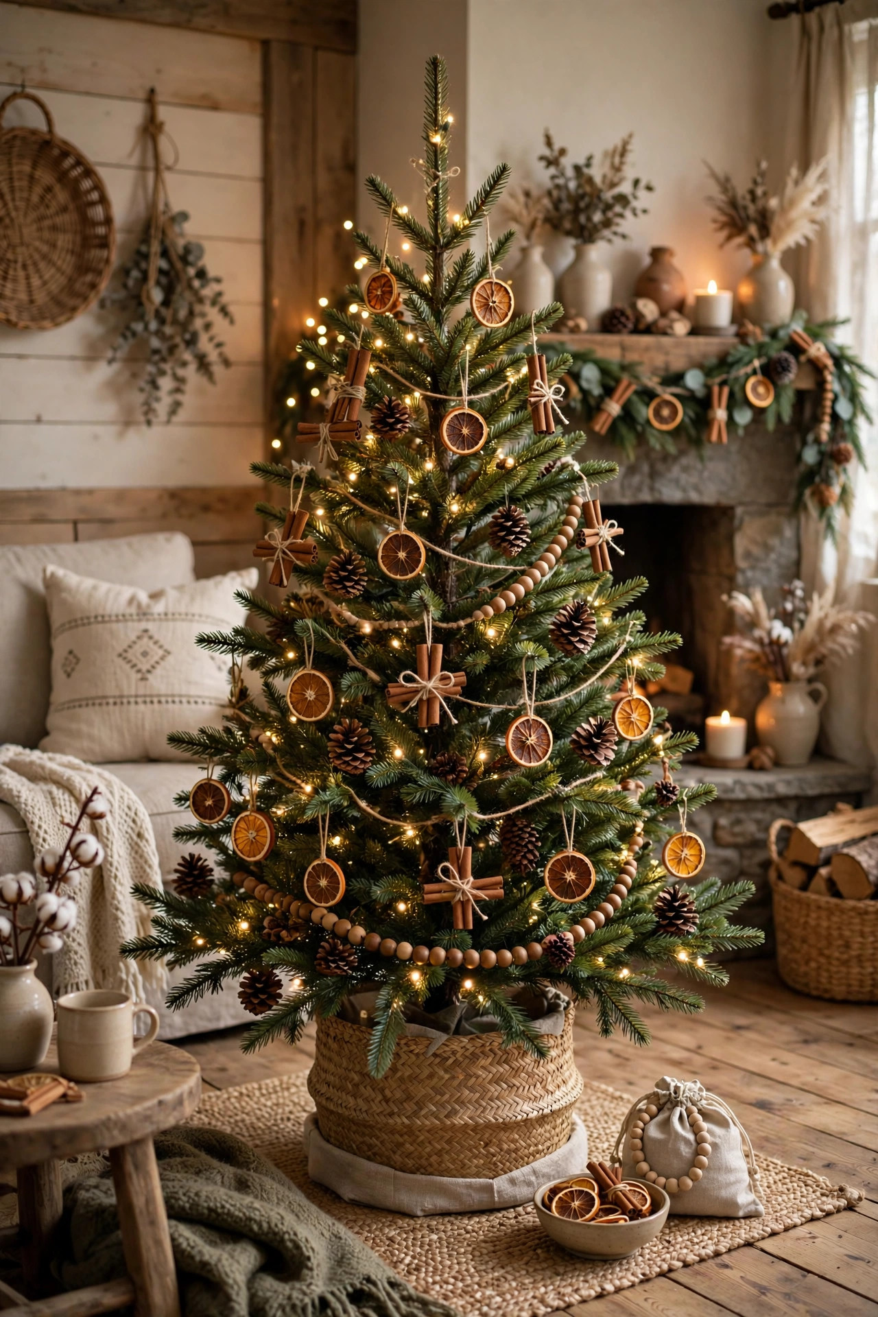Rustic Christmas tree with dried orange and cinnamon ornaments