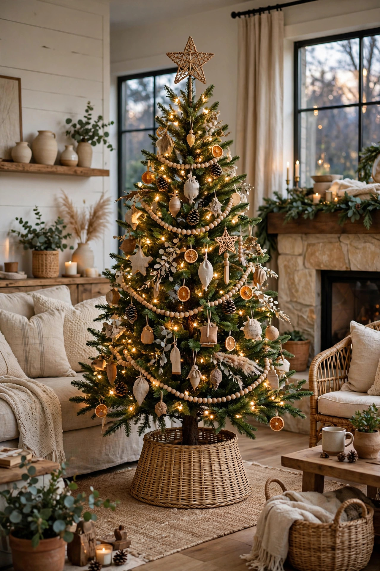 Christmas tree with woven rattan tree collar base