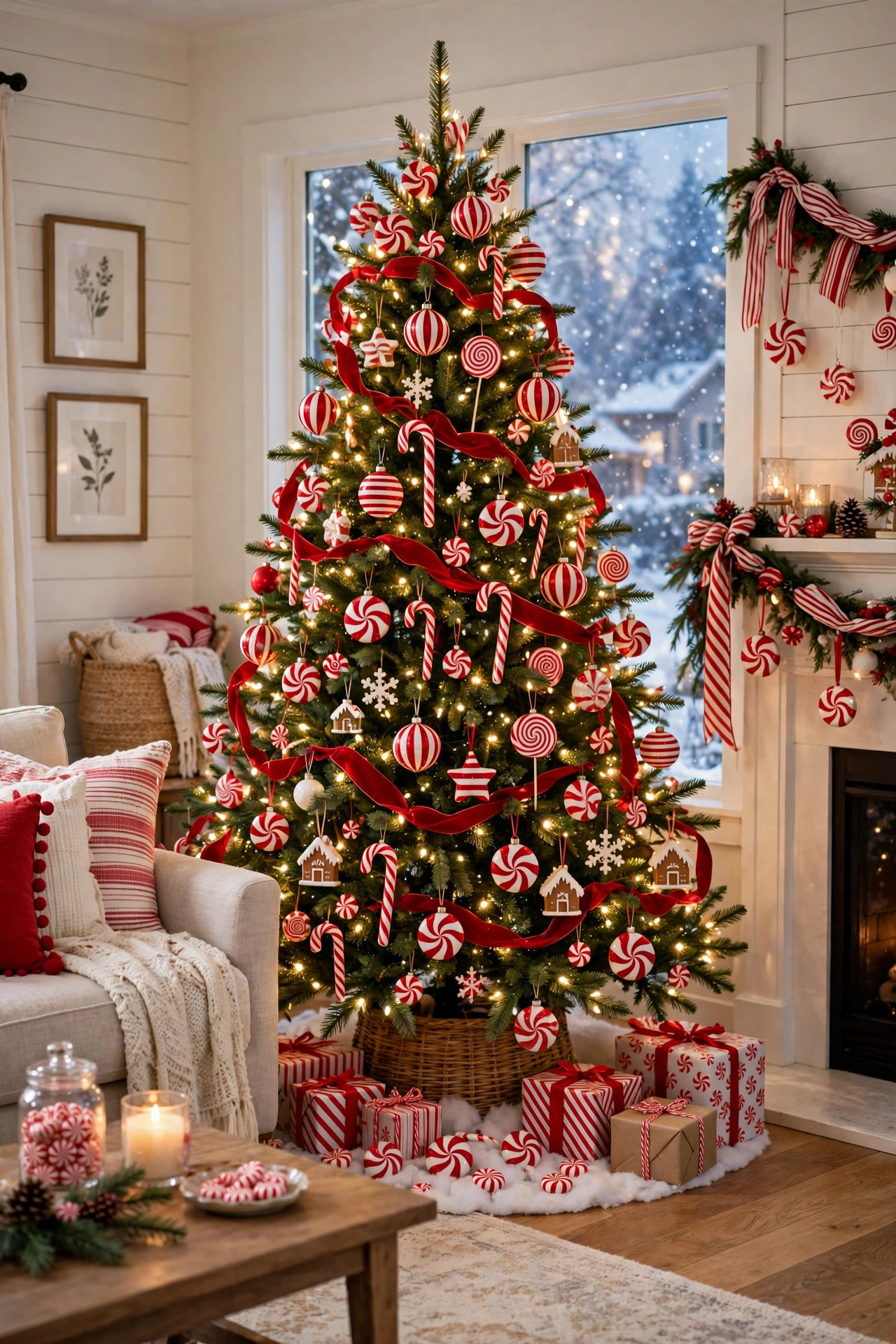 Festive candy cane themed Christmas tree in red and white